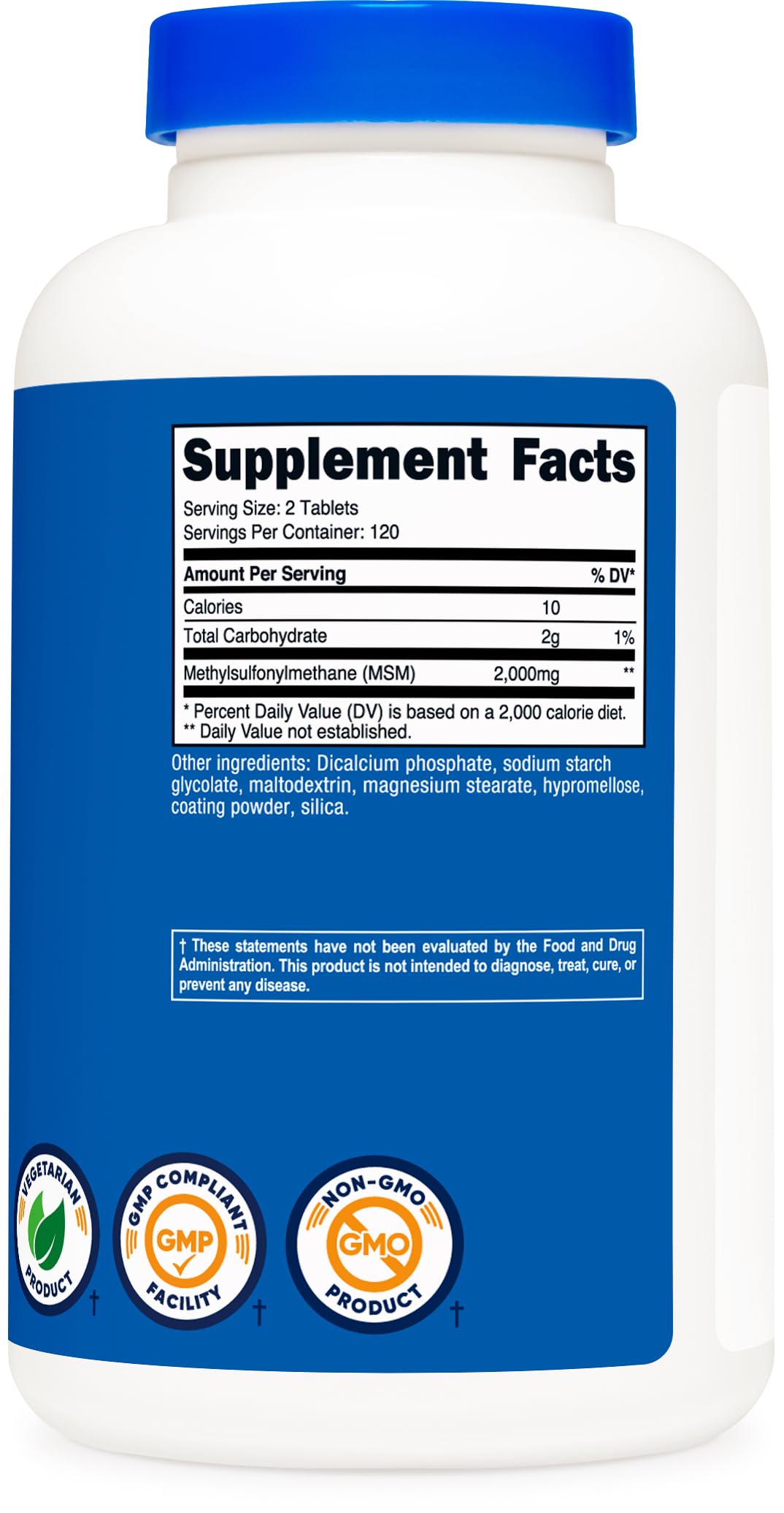 Nutricost MSM – portion de deux tablettes, usage quotidien simple et pratique.