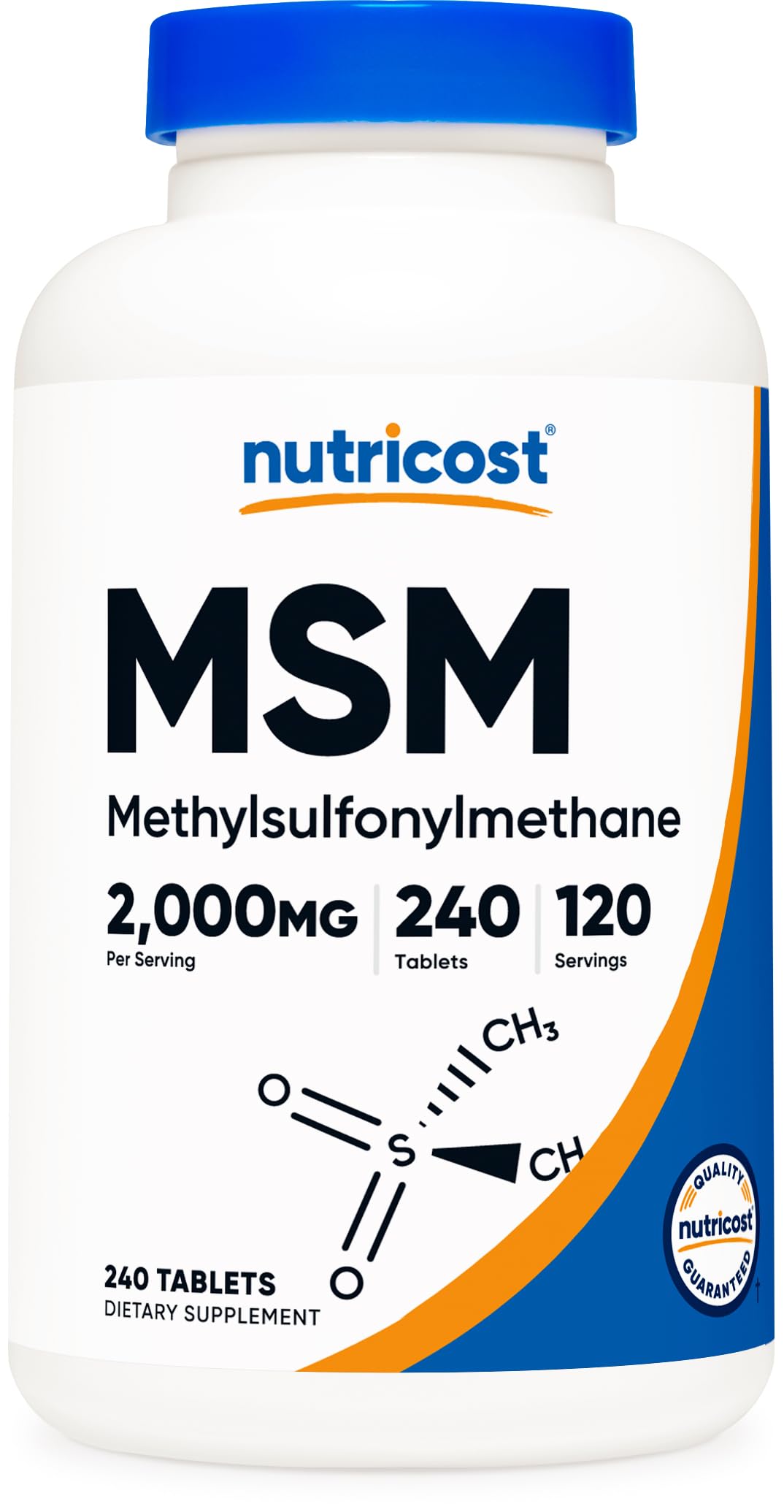 Nutricost MSM tablettes 2000 mg – bouteille, idéal pour une routine quotidienne sans gluten.