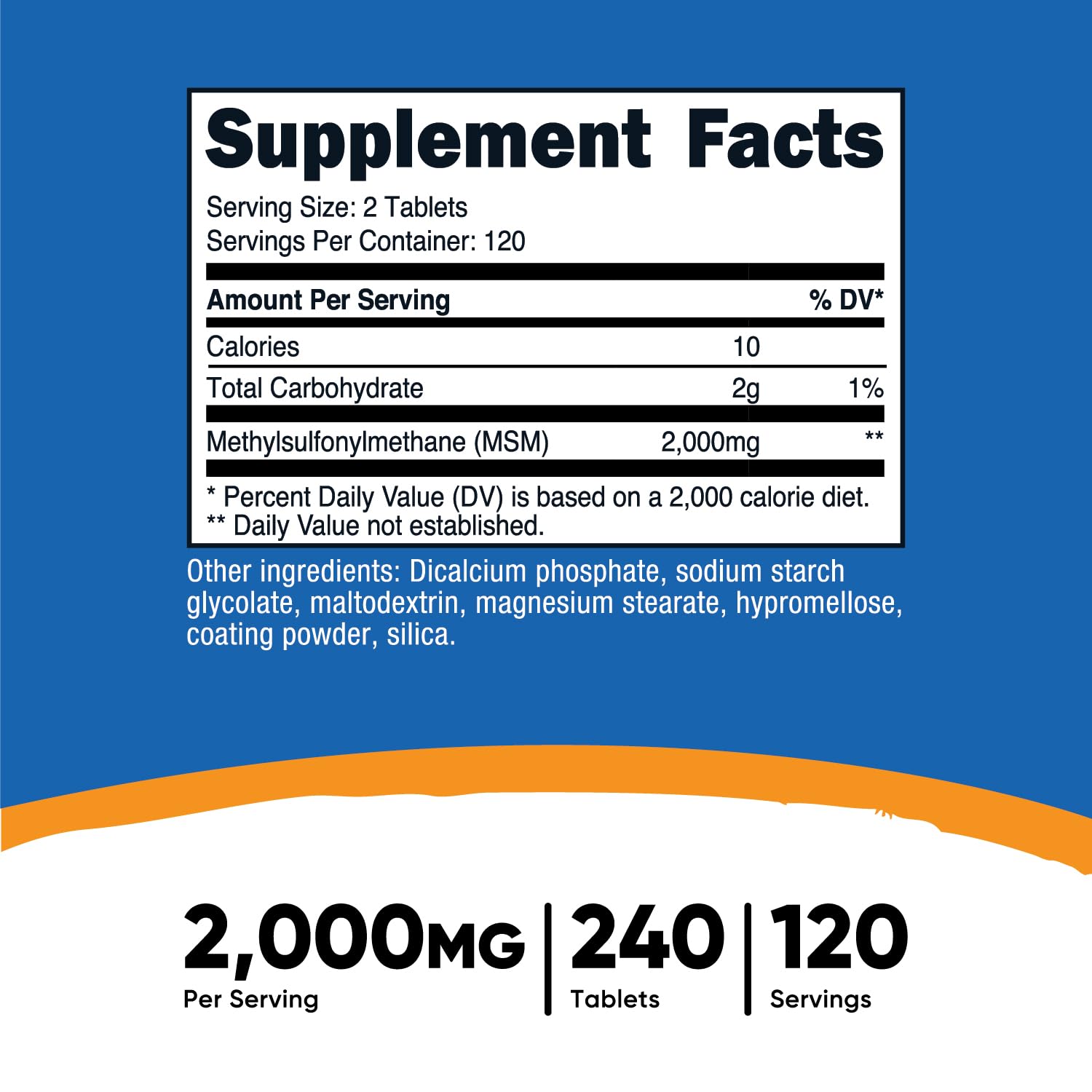 Nutricost MSM tablettes 2000 mg – gros plan sur les comprimés, formulation fiable.