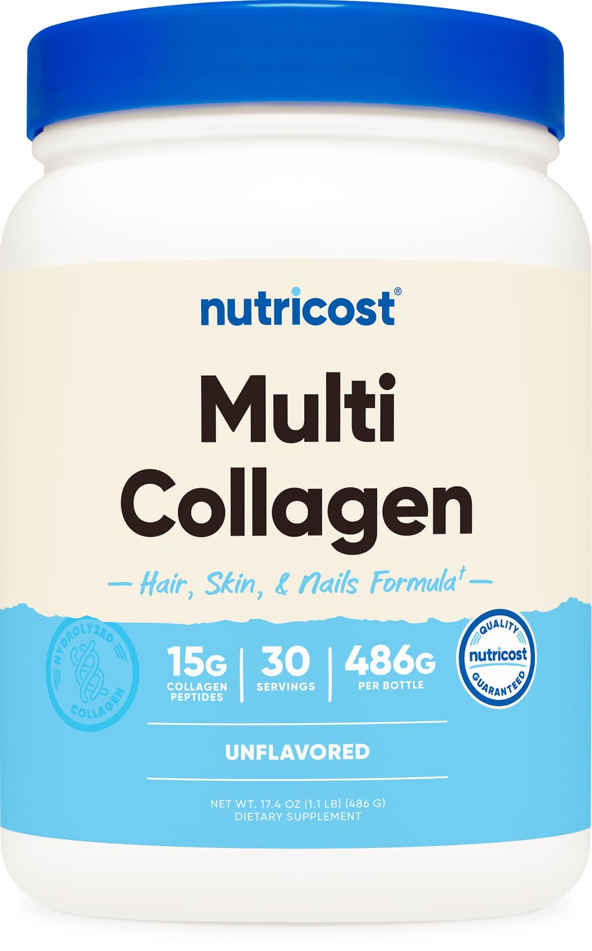 Flacon Nutricost Multi Collagen, flacon non parfumé, idéal pour démarrer votre routine beauté.