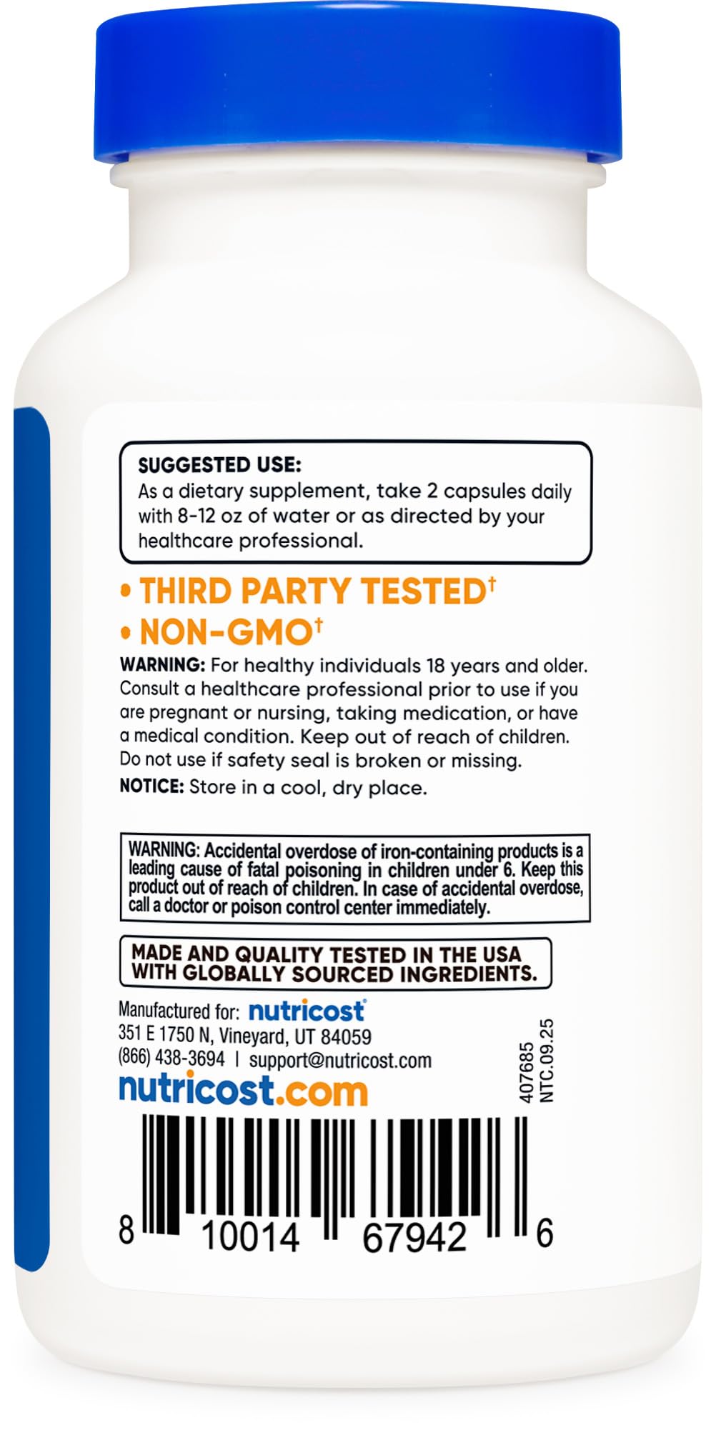 Nutricost – emballage clair, capsules faciles à prendre.