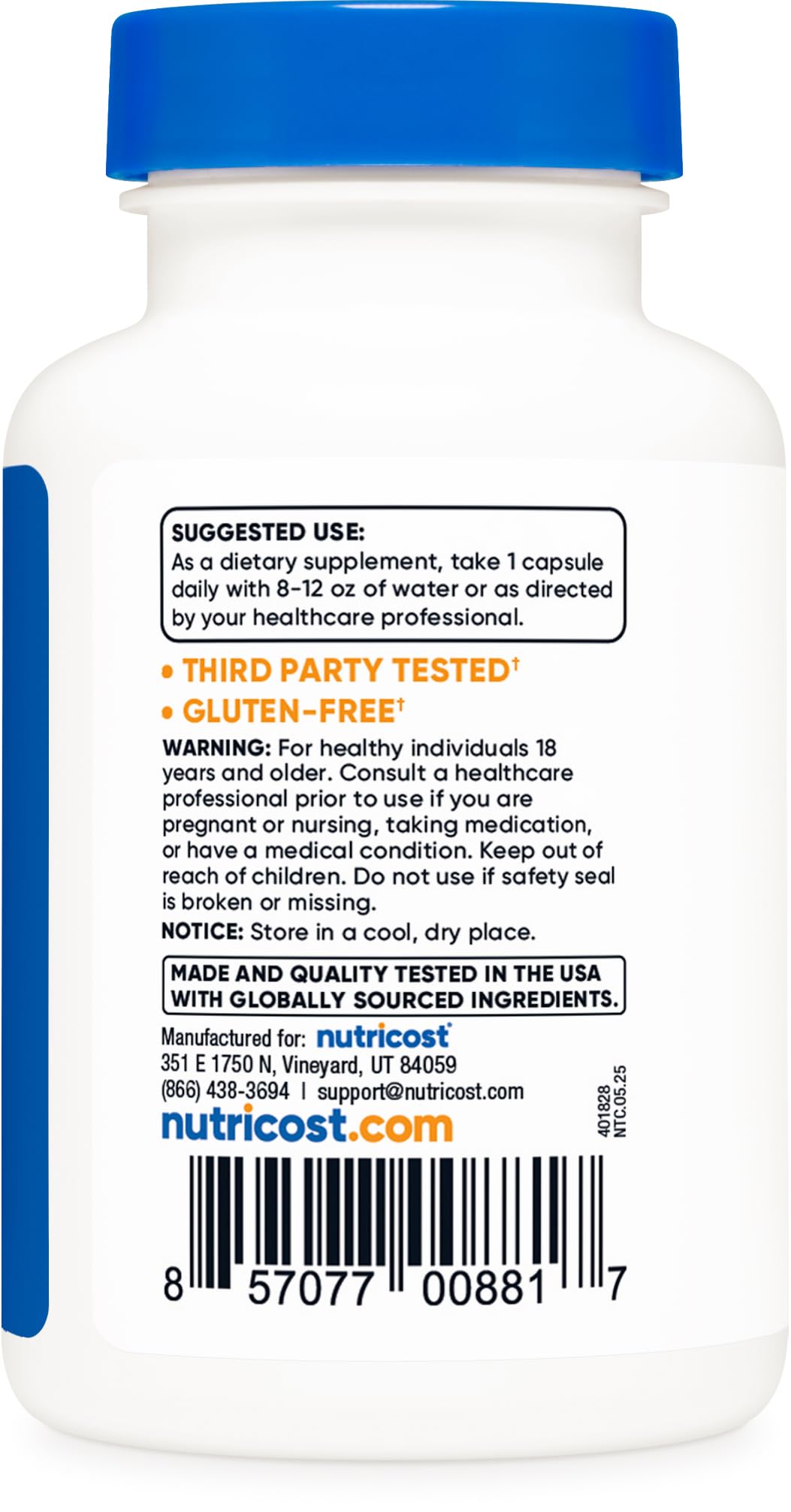 Nutricost myrtille capsules – bouteille ouverte, contenu visible.