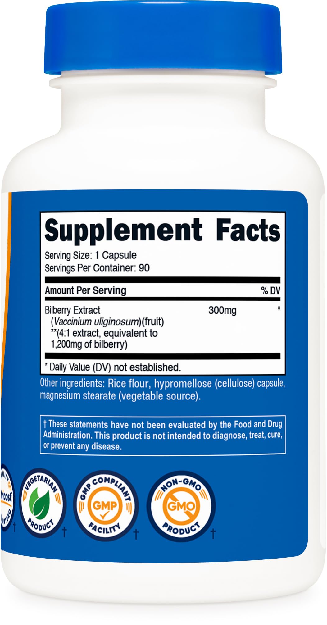 Nutricost myrtille capsules – étiquette lisible avec certifications GMP et NSF.
