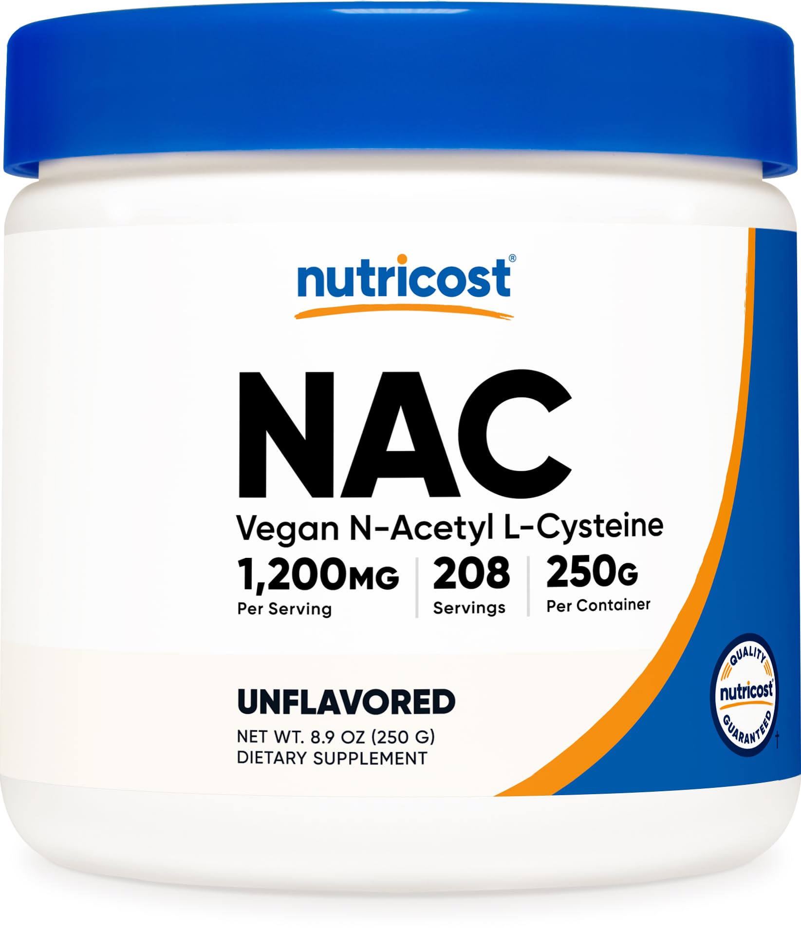 Nutricost NAC poudre dans bouteille, dosage pratique pour l'apport quotidien.
