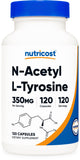Nutricost N-Acetyl L-Tyrosine 350mg – bouteille claire, soutien potentiel de concentration et clarté mentale.
