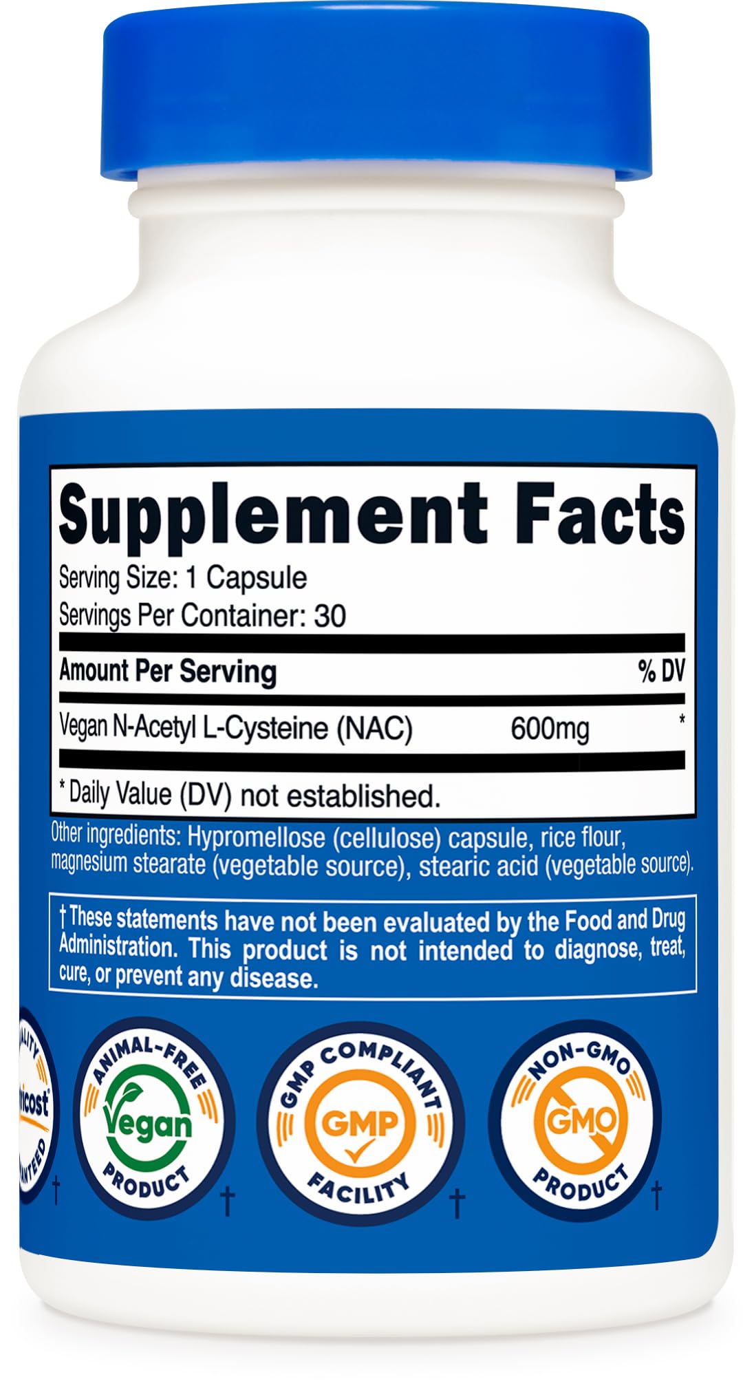 Nutricost NAC 600 mg – détail du label montrant les informations produit.