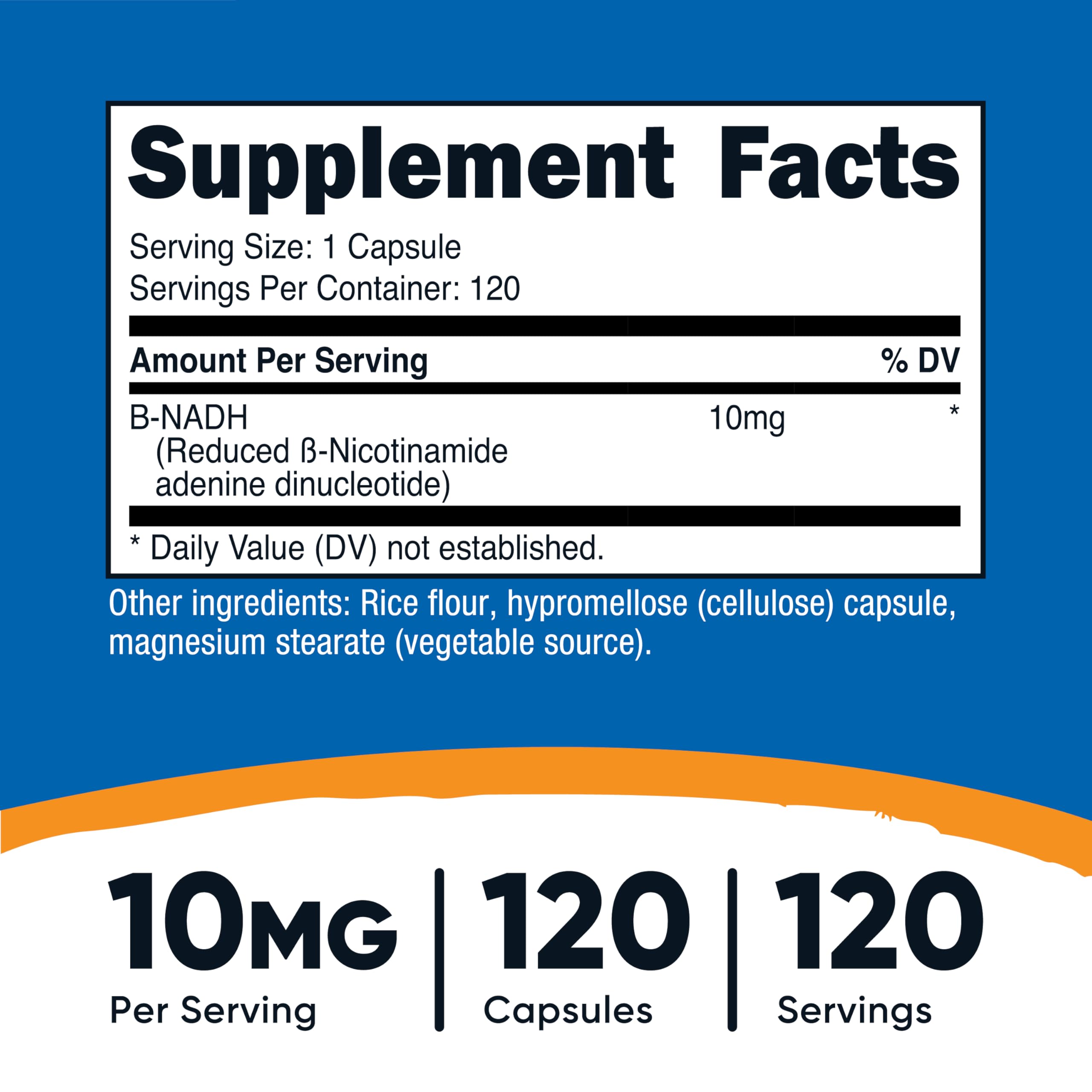 Nutricost NADH, bouteille de 120 capsules prête à l’emploi.