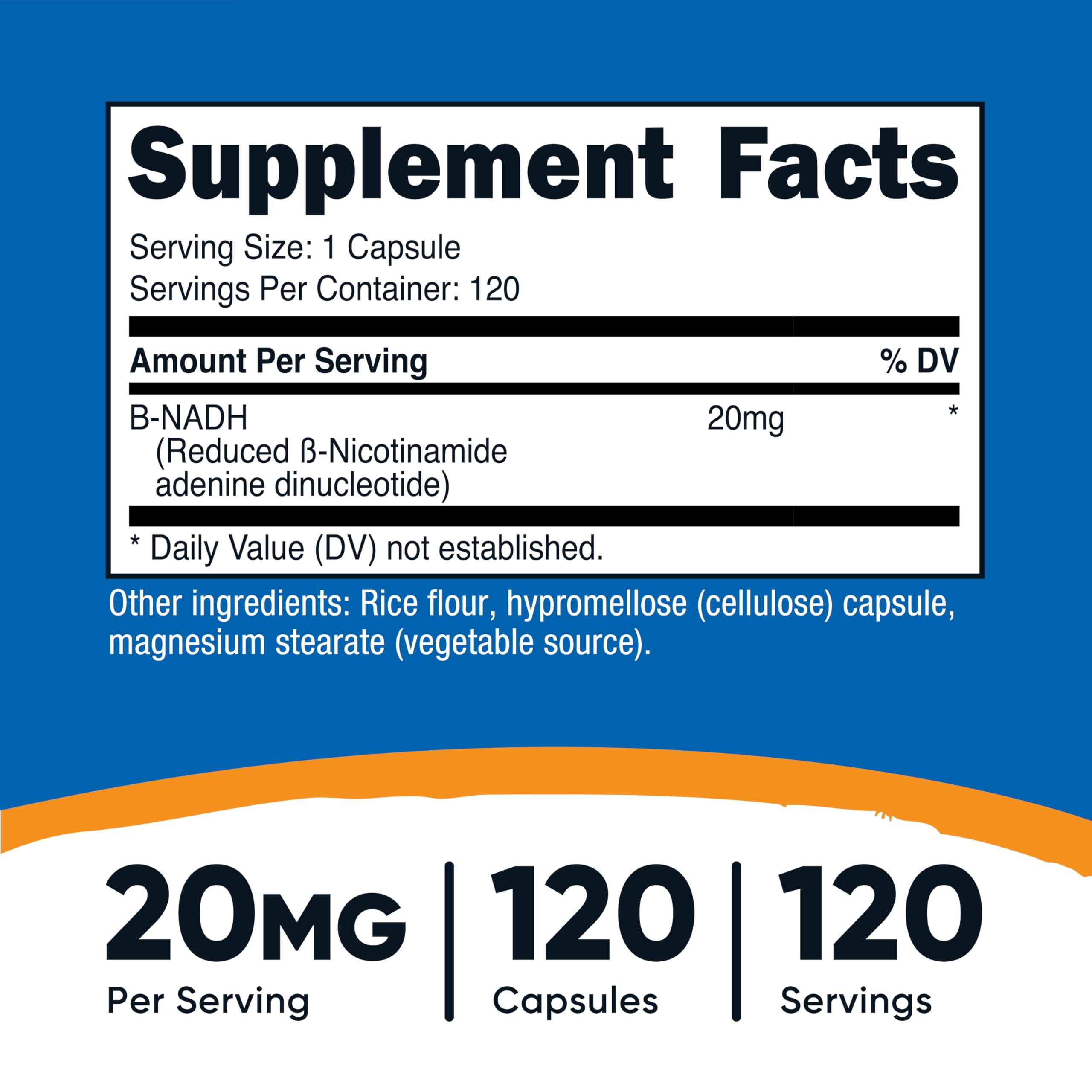 Gélules Nutricost NADH, dosage 20 mg, prise facile avec un verre d'eau.