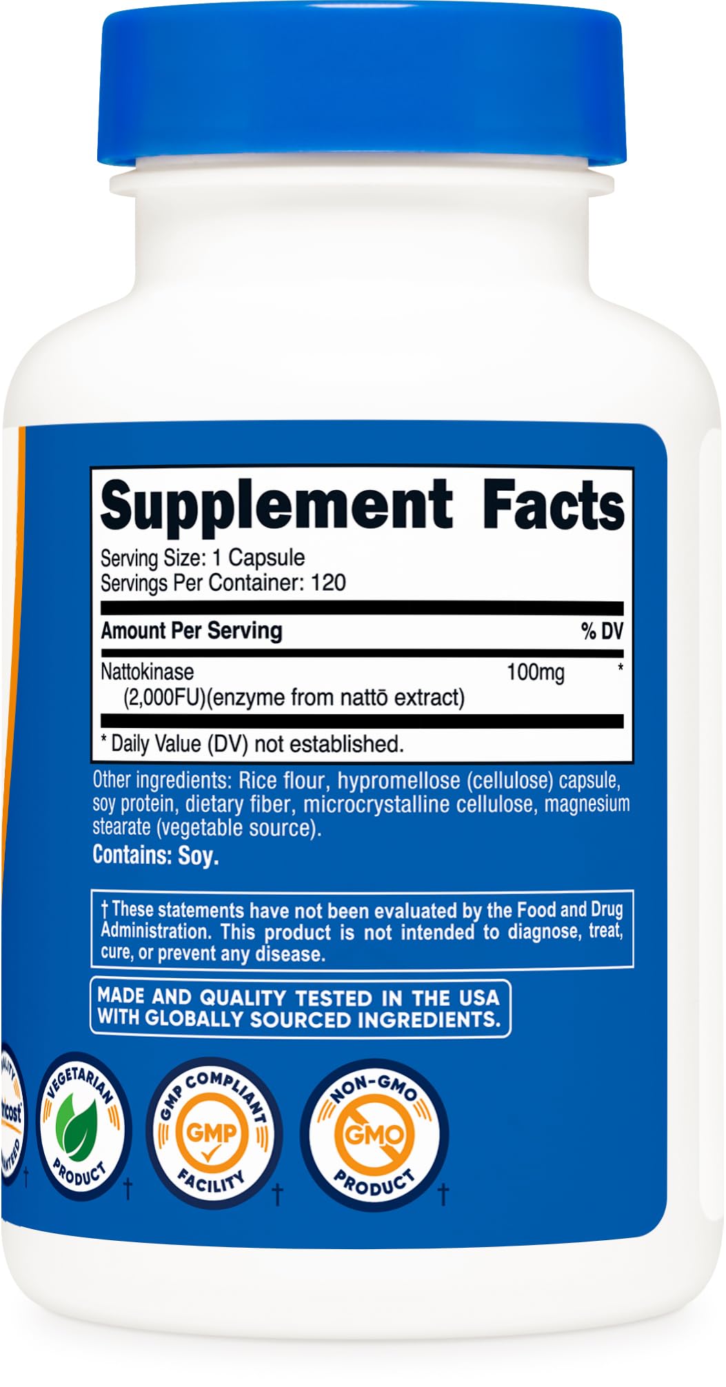 Emballage Nutricost nattokinase avec inscription sans gluten et sans OGM, garantissant des choix adaptés.