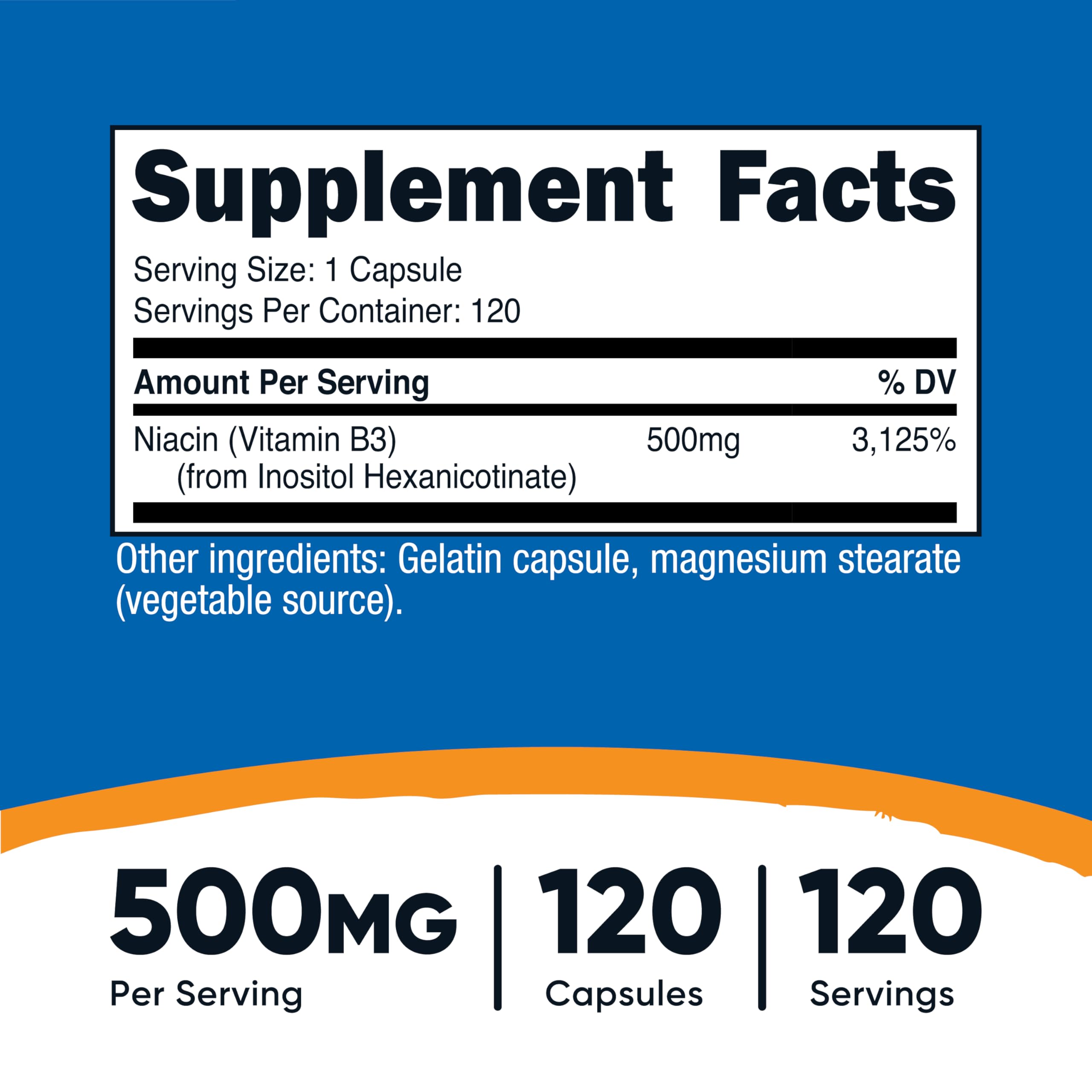Étiquette Nutricost Niacin sans flush, informations claires et conformité