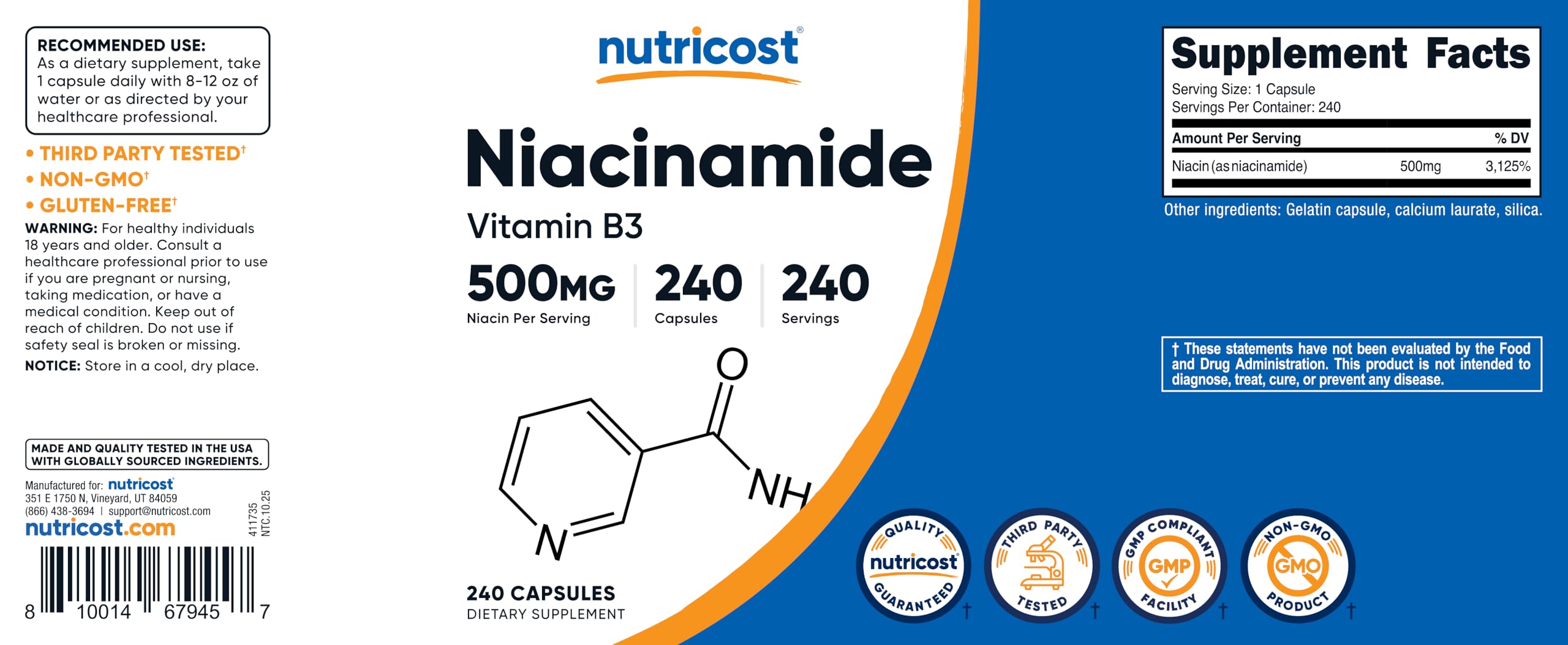 Nutricost Niacinamide 500 mg – idéal pour une routine quotidienne.