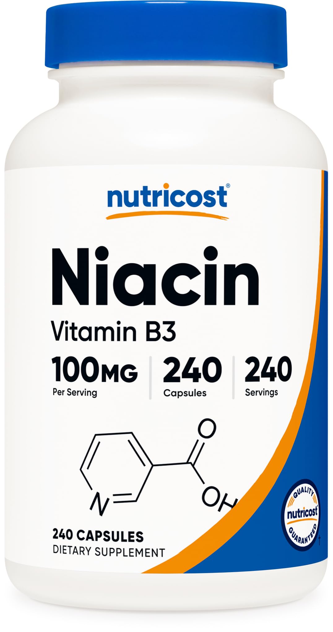 Nutricost Niacine 100 mg en bouteille avec 240 capsules pour un usage quotidien.