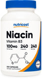 Nutricost Niacine 100 mg en bouteille avec 240 capsules pour un usage quotidien.