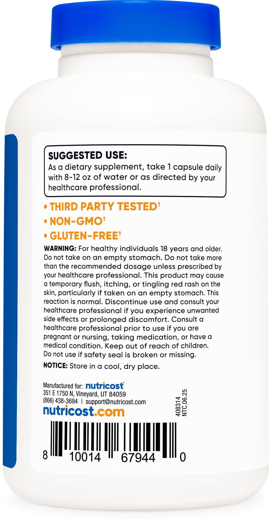 Étiquette sans OGM et sans gluten, Nutricost Niacine.