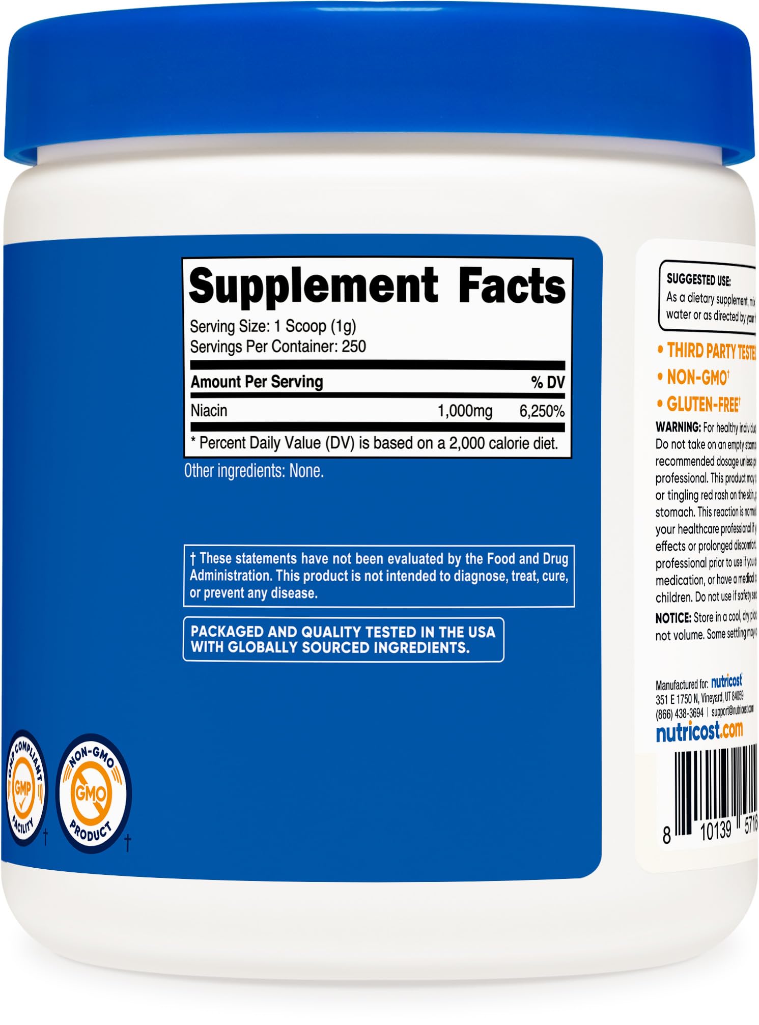 Nutricost Niacine Poudre : emballage et conditionnement.