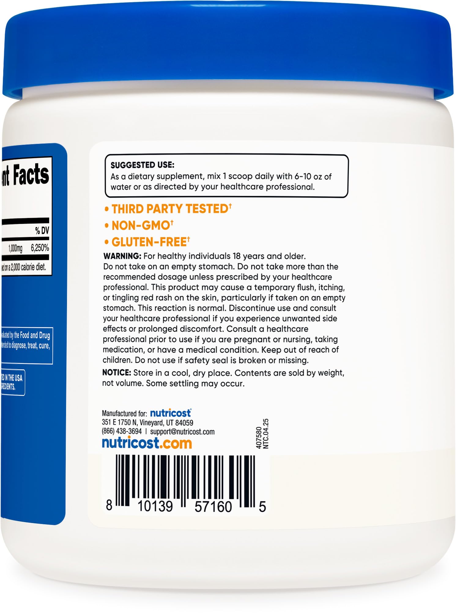 Nutricost Niacine Poudre : étiquette et ingrédients visibles.