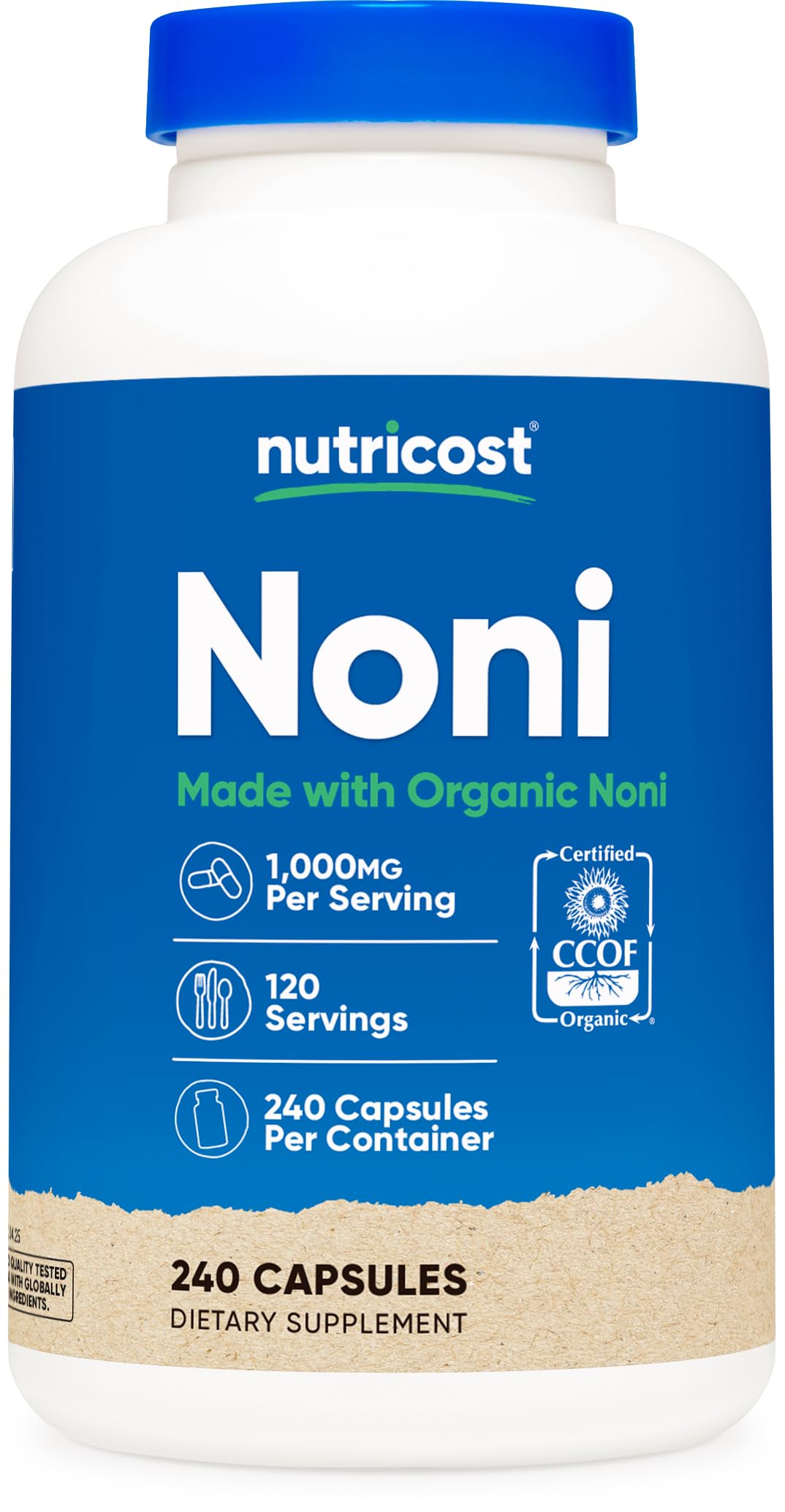 Nutricost Noni Gélules: bouteille montrant les gélules et l'emballage pratique pour le quotidien