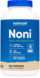 Nutricost Noni Gélules: bouteille montrant les gélules et l'emballage pratique pour le quotidien