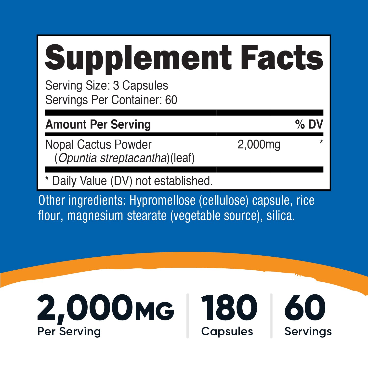 Nutricost Nopal Cactus: boîte compacte affichant 180 capsules pour 60 portions.