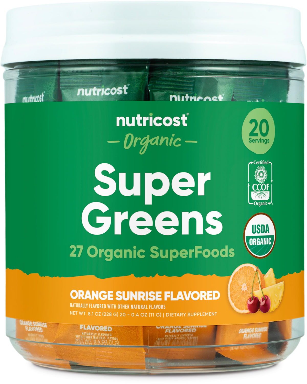 Nutricost Super Greens saveur orange aube avec emballage visible, préparation rapide