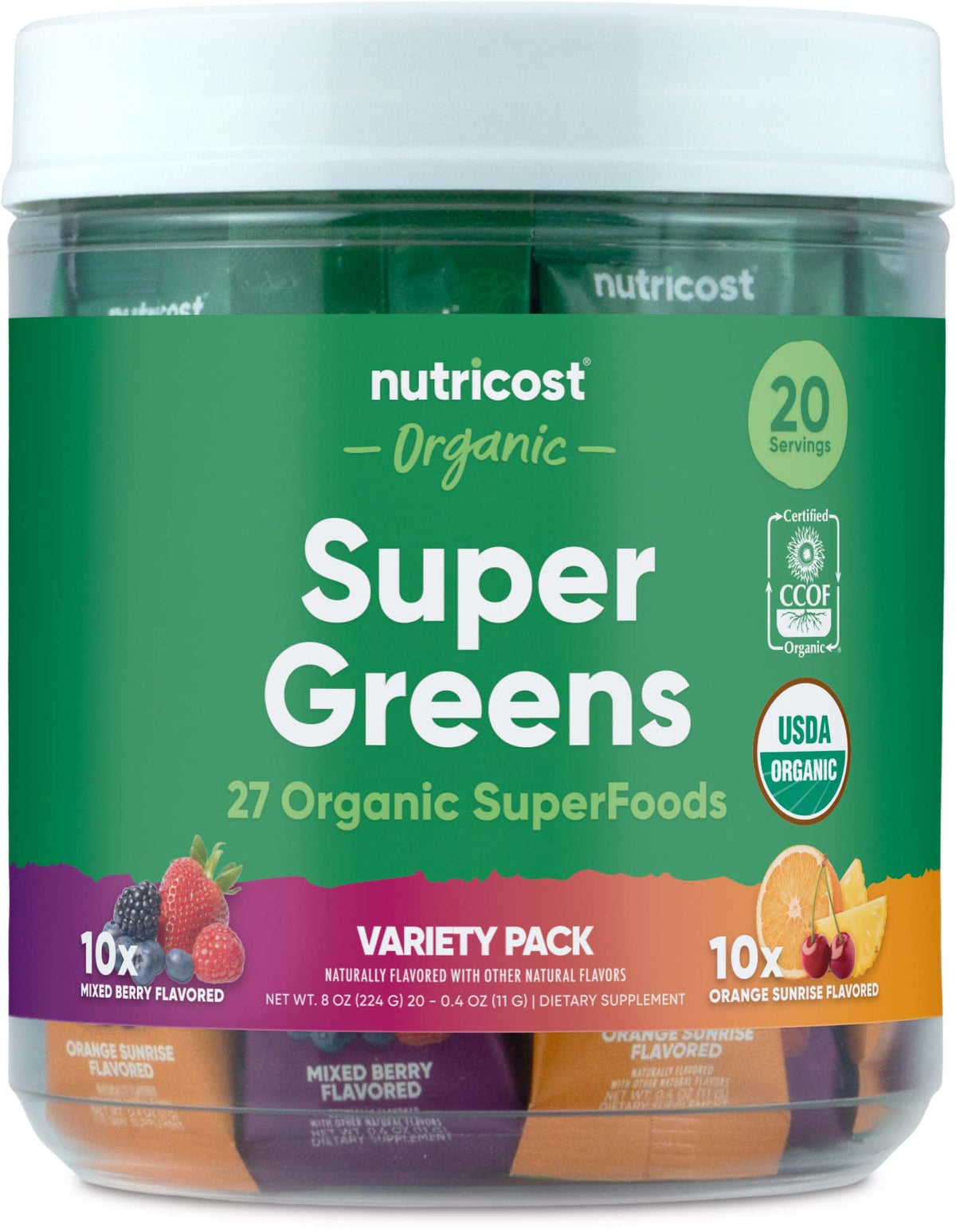 Nutricost Organic Super Greens lot varié avec sachets pratiques pour emporter