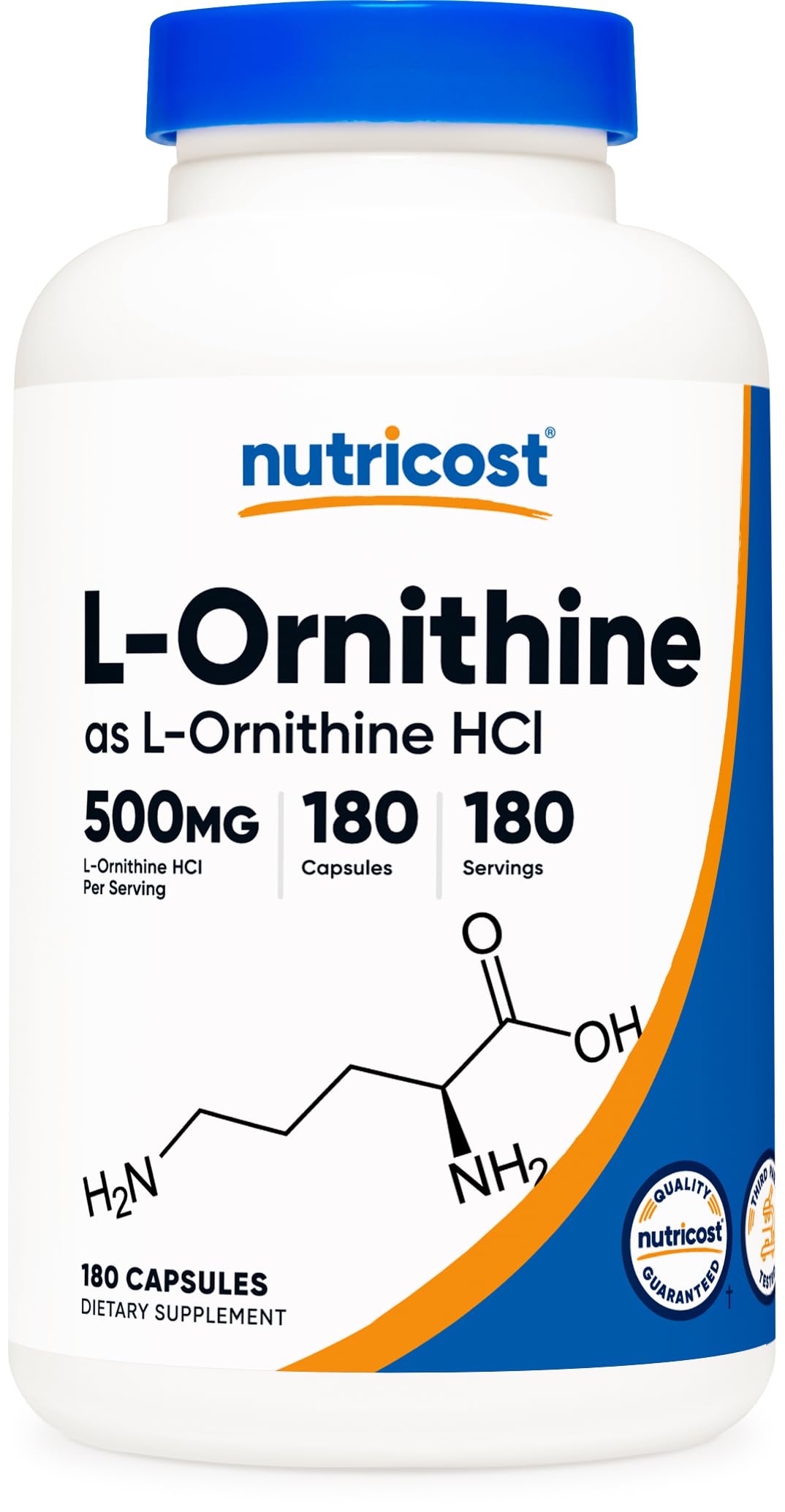 Nutricost L-Ornithine 500 mg – bouteille de capsules pratique pour une routine quotidienne.