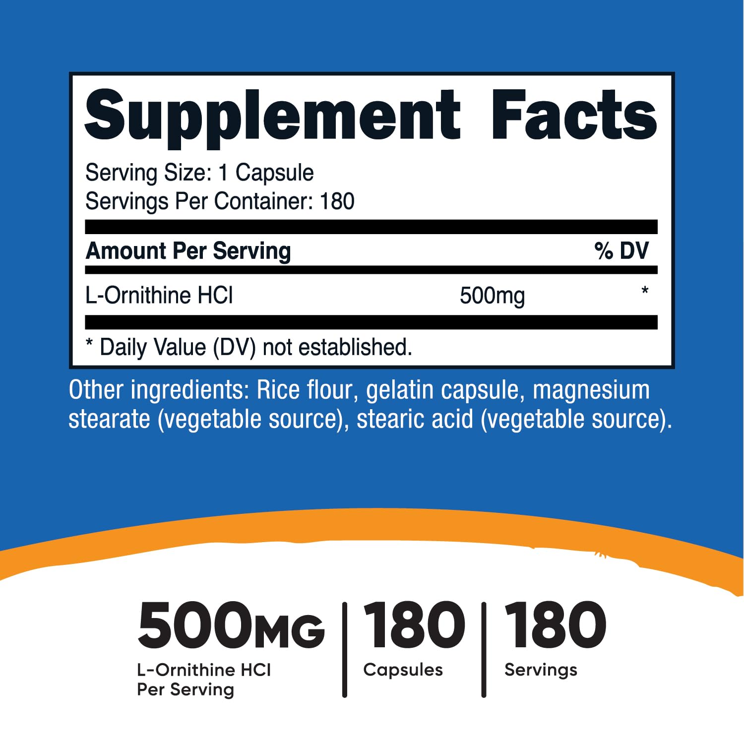 Nutricost L-Ornithine 500 mg – étiquette sans gluten et sans OGM pour plus de transparence.