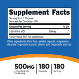 Nutricost L-Ornithine 500 mg – étiquette sans gluten et sans OGM pour plus de transparence.