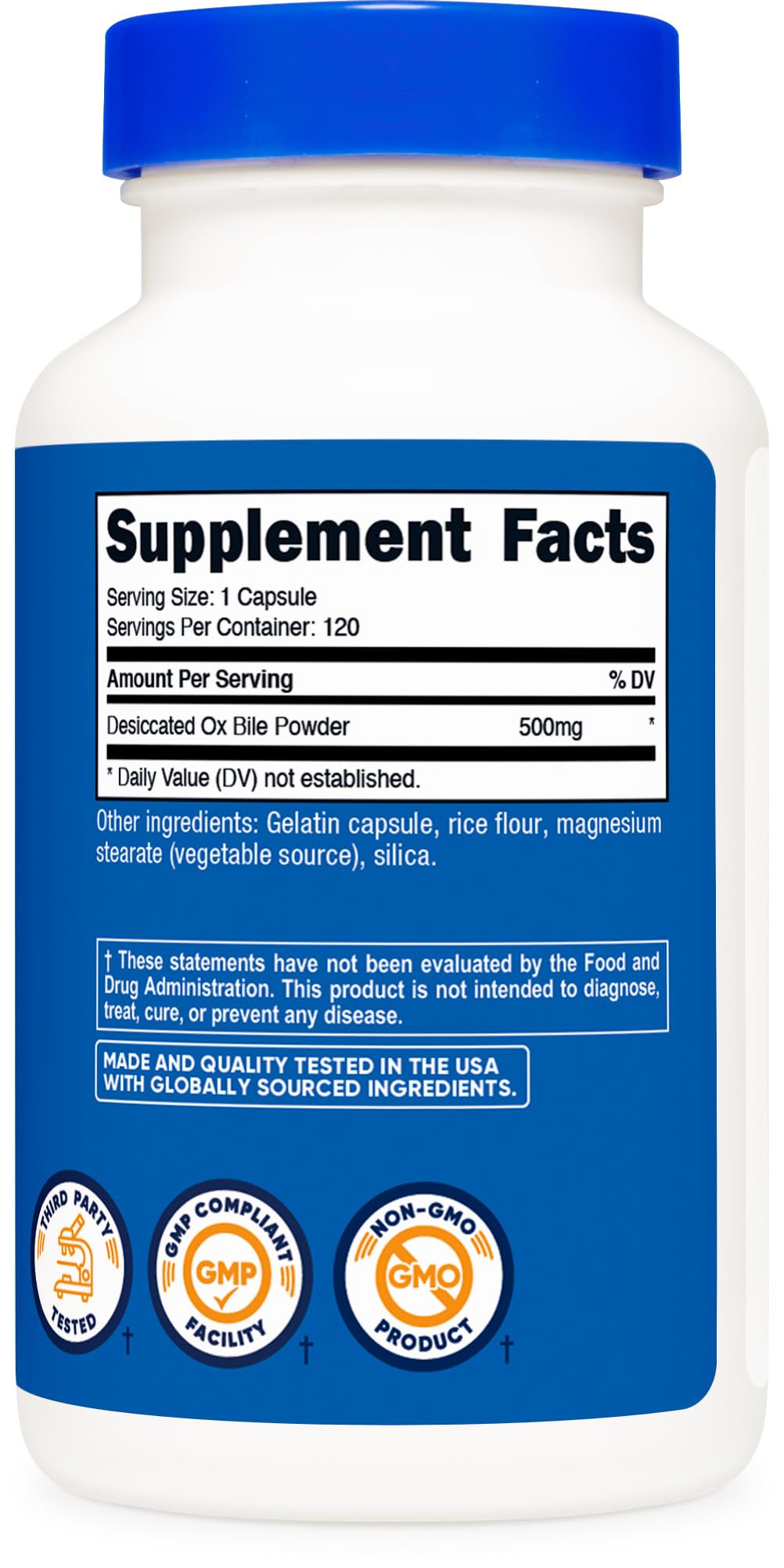 Nutricost Ox Bile Capsules – étiquette indiquant NSF et GMP