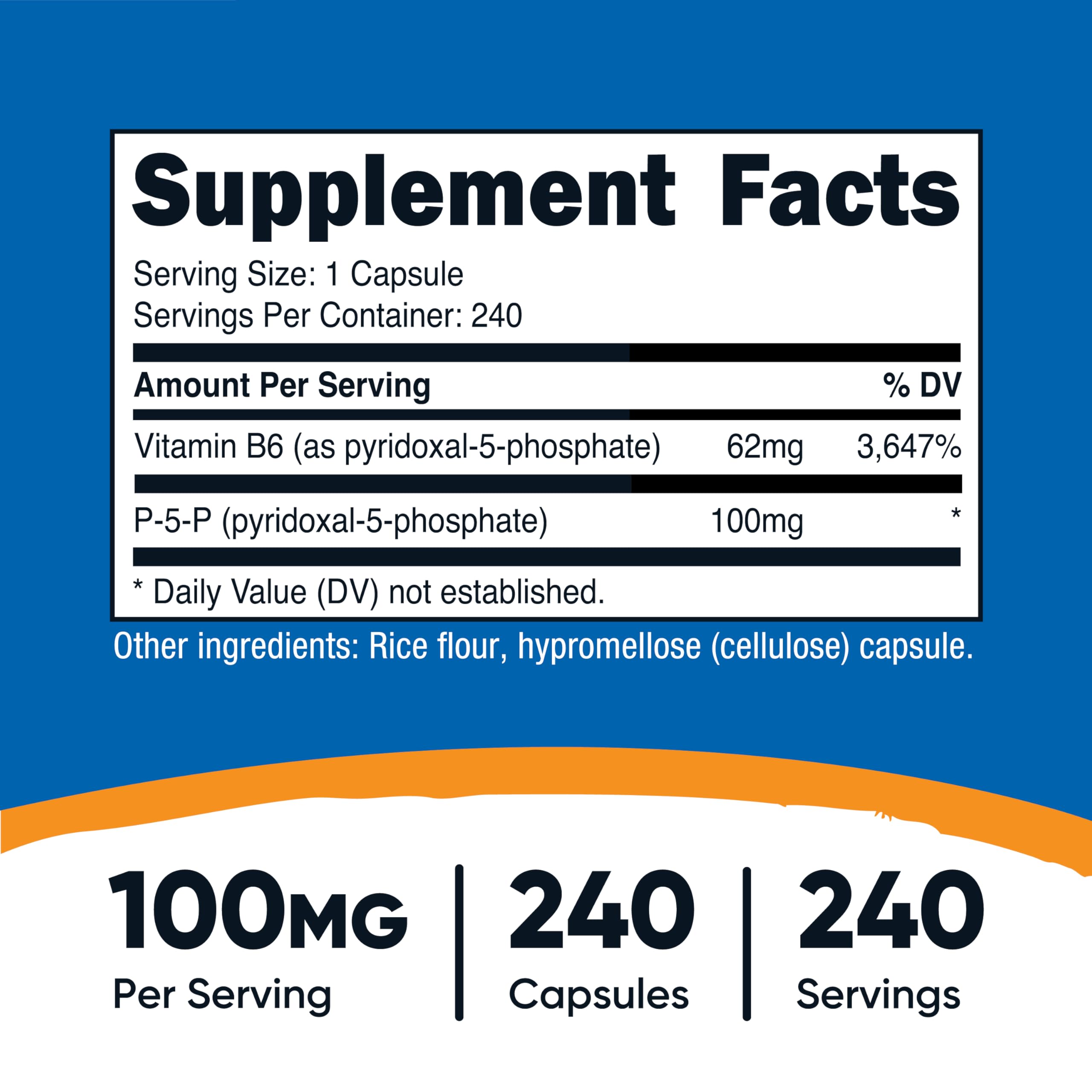 Nutricost P5P bouteille 240 capsules – format pratique pour la routine quotidienne.