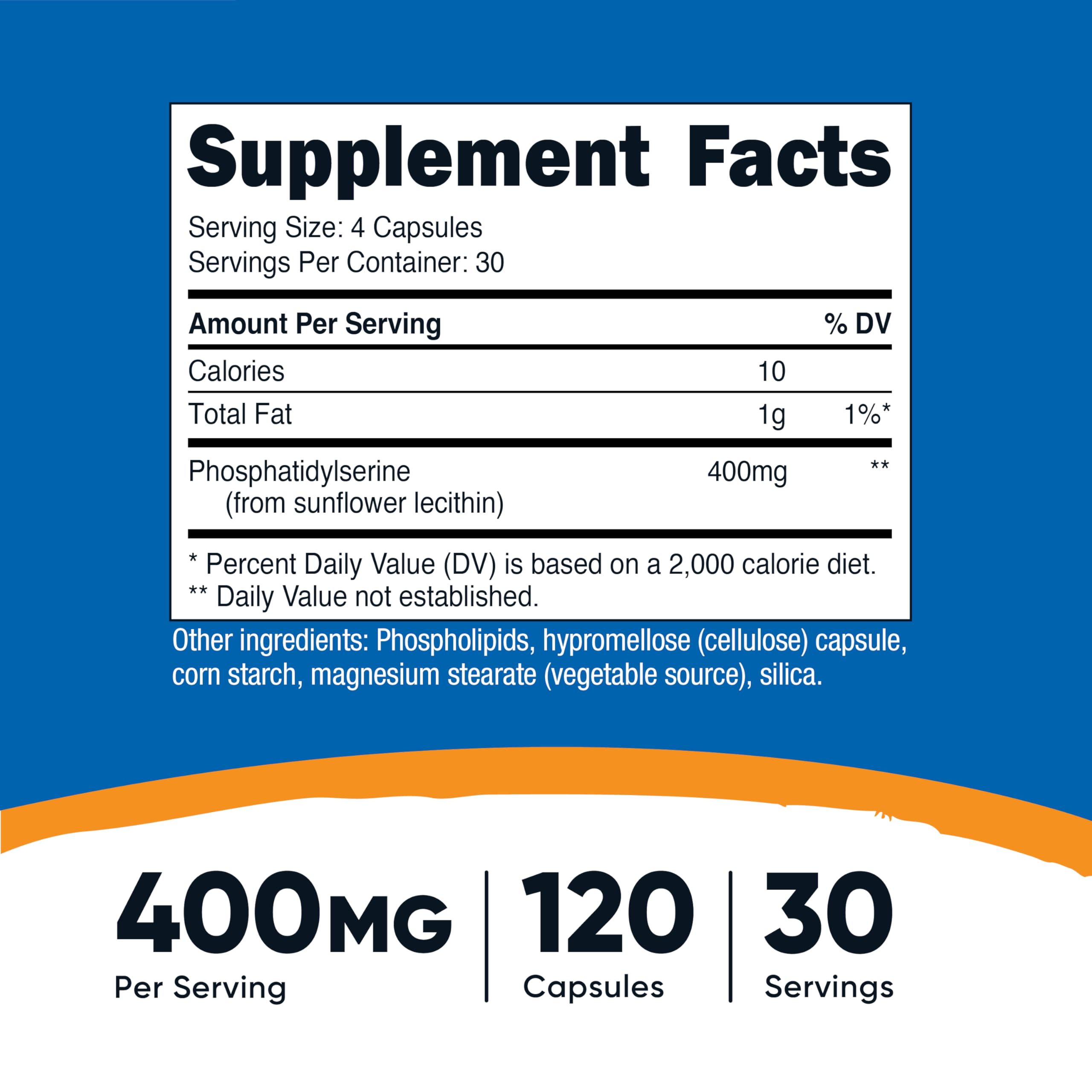 Capsules Nutricost Phosphatidylserine visibles, dosage 400 mg par portion.
