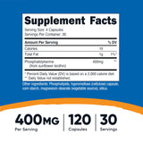 Capsules Nutricost Phosphatidylserine visibles, dosage 400 mg par portion.