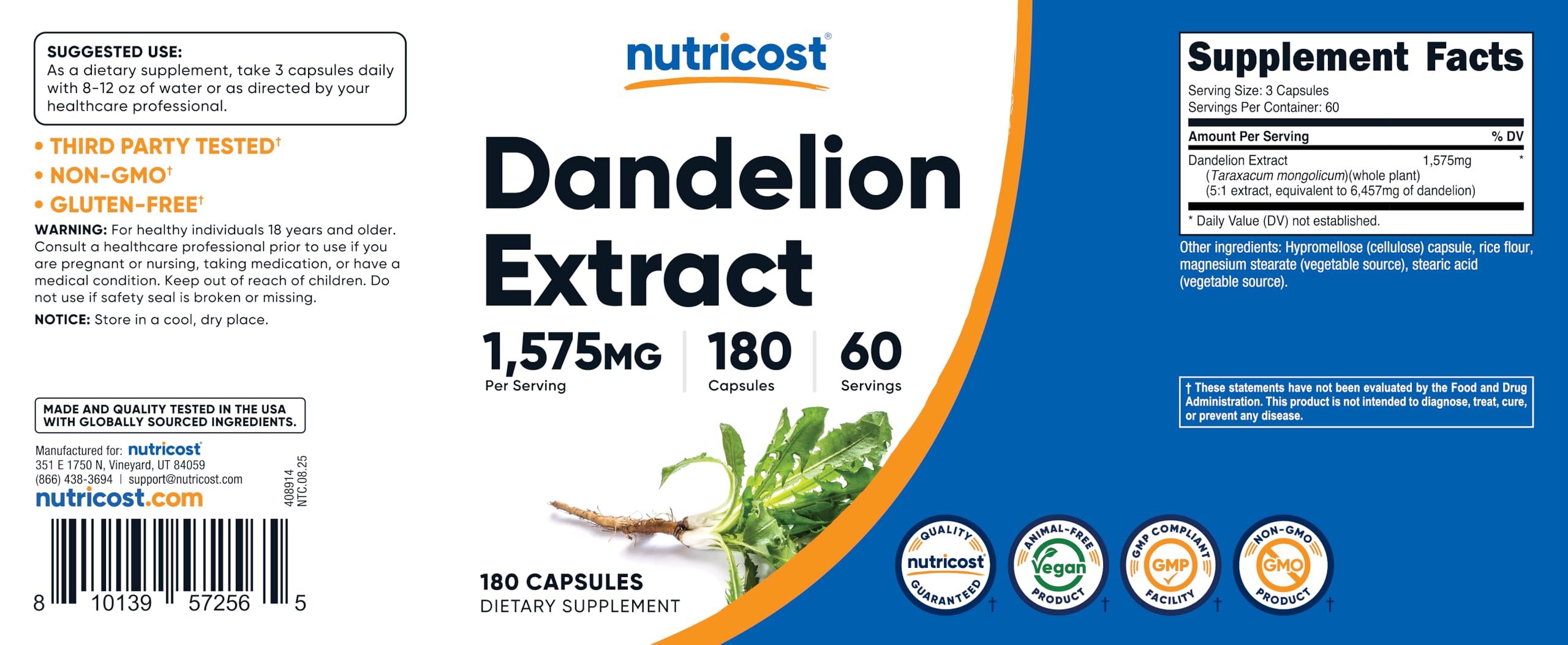 Nutricost pissenlit-labo-iso: tests ISO garantissant la qualité