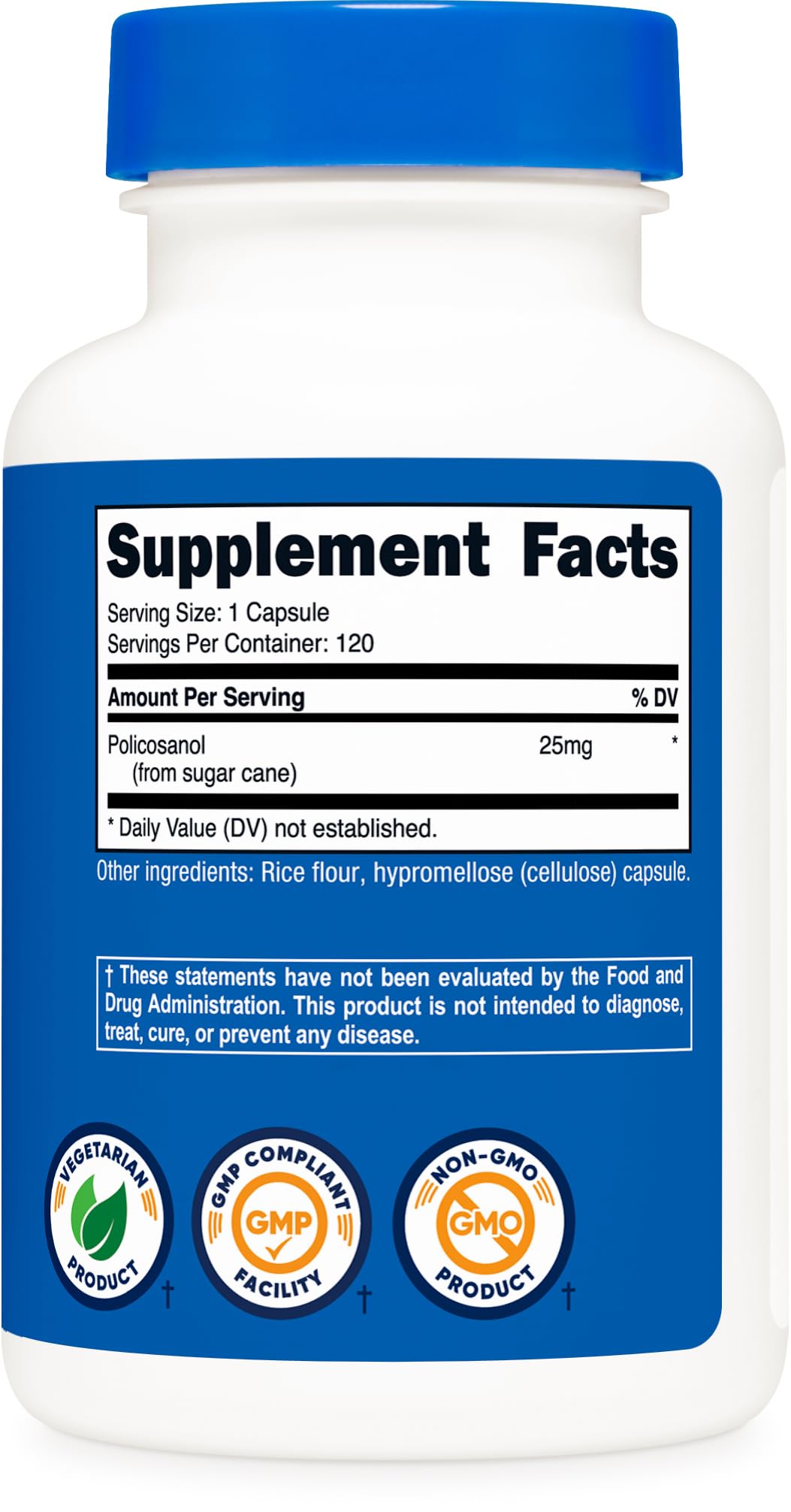 Nutricost Policosanol 25mg, emballage avec certificat ISO, garantie qualité.