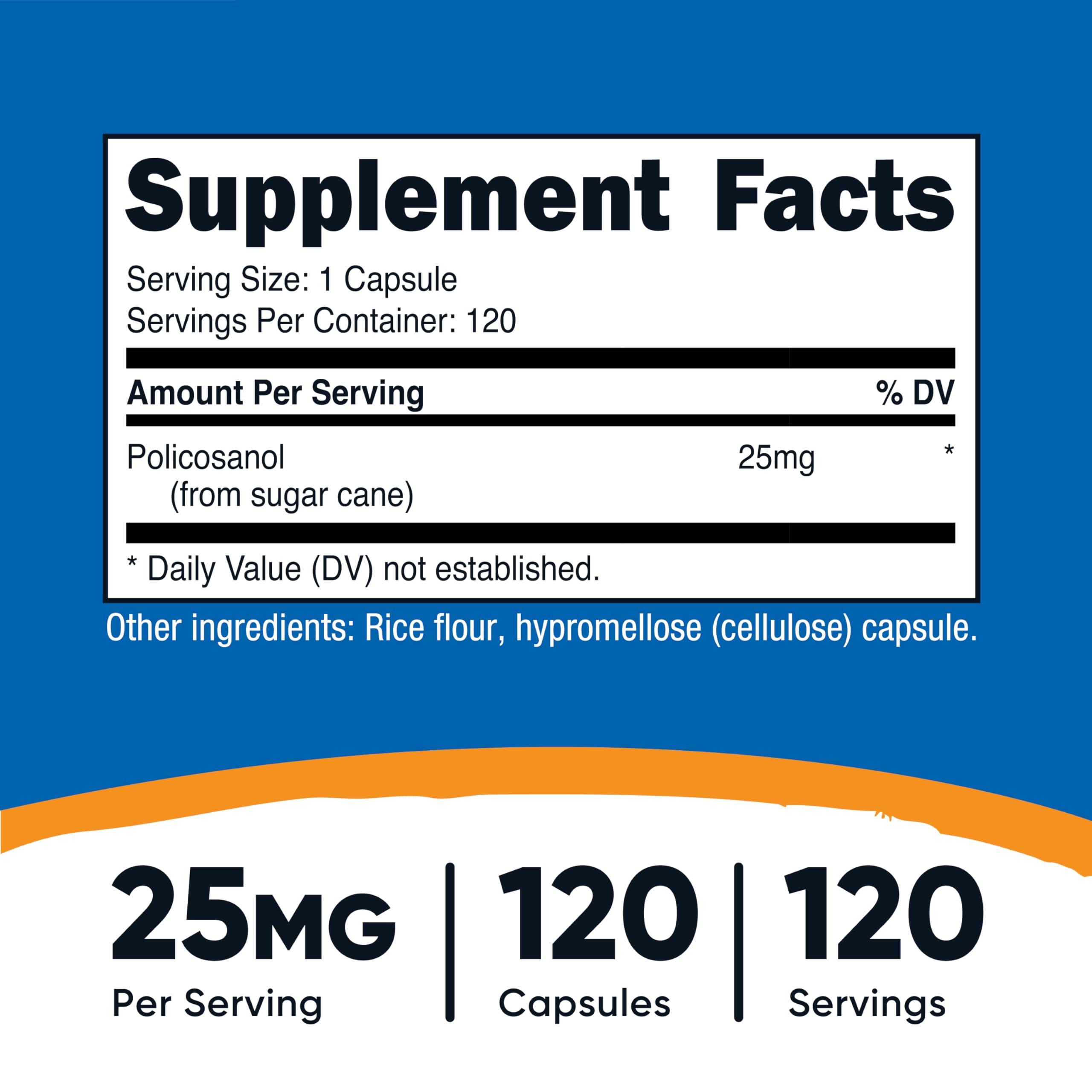 Gélules Nutricost Policosanol 25mg, vue rapprochée et faciles à avaler.