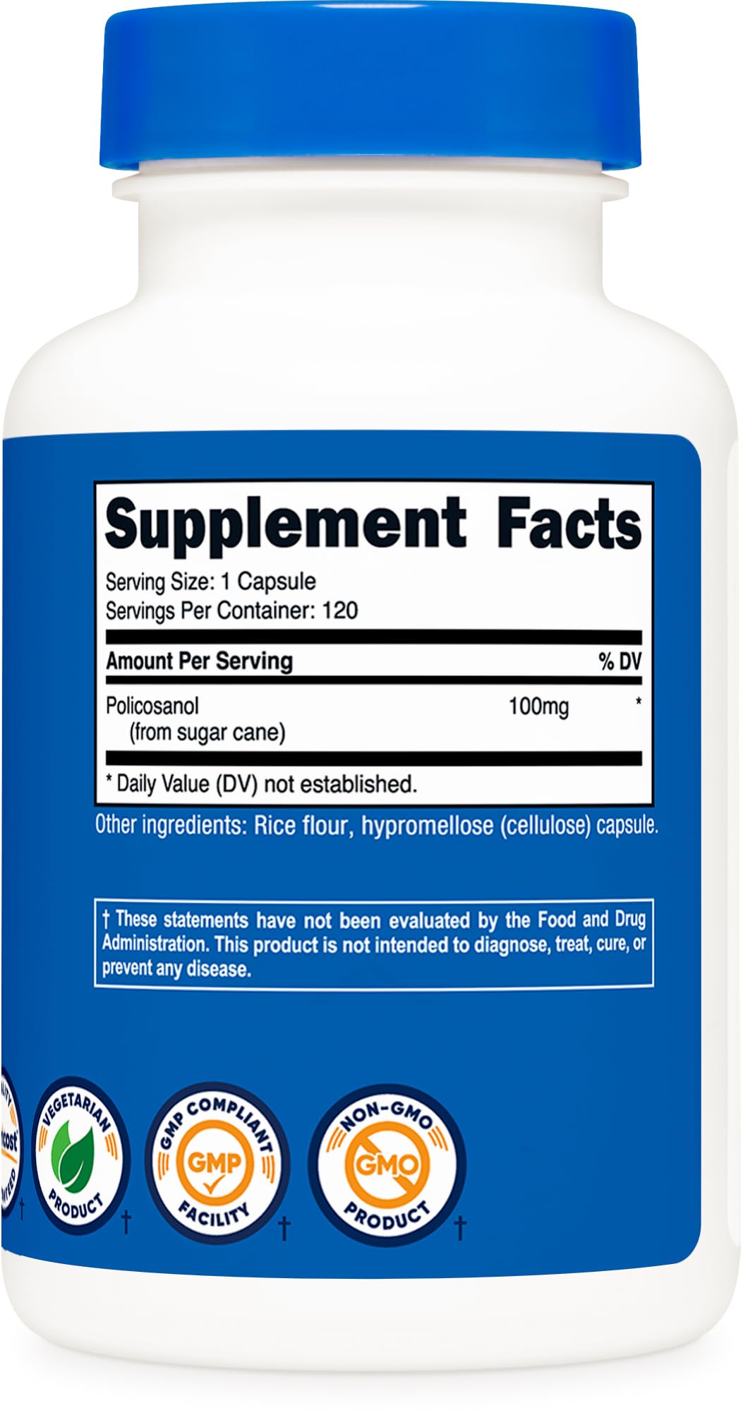 Nutricost Policosanol, emballage sans gluten et sans OGM.