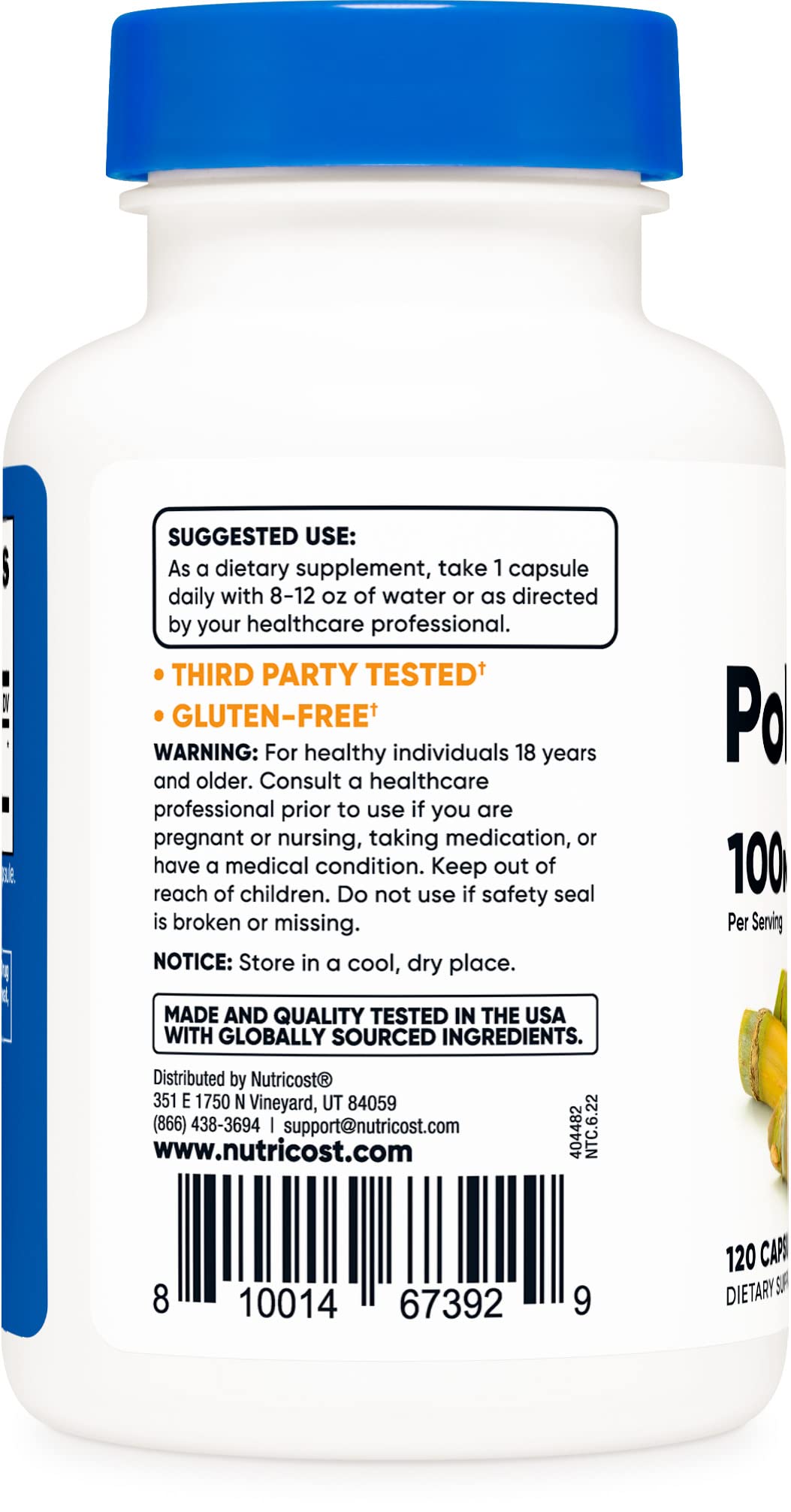 Nutricost Policosanol, étiquette-produit: informations claires et traçabilité ISO.