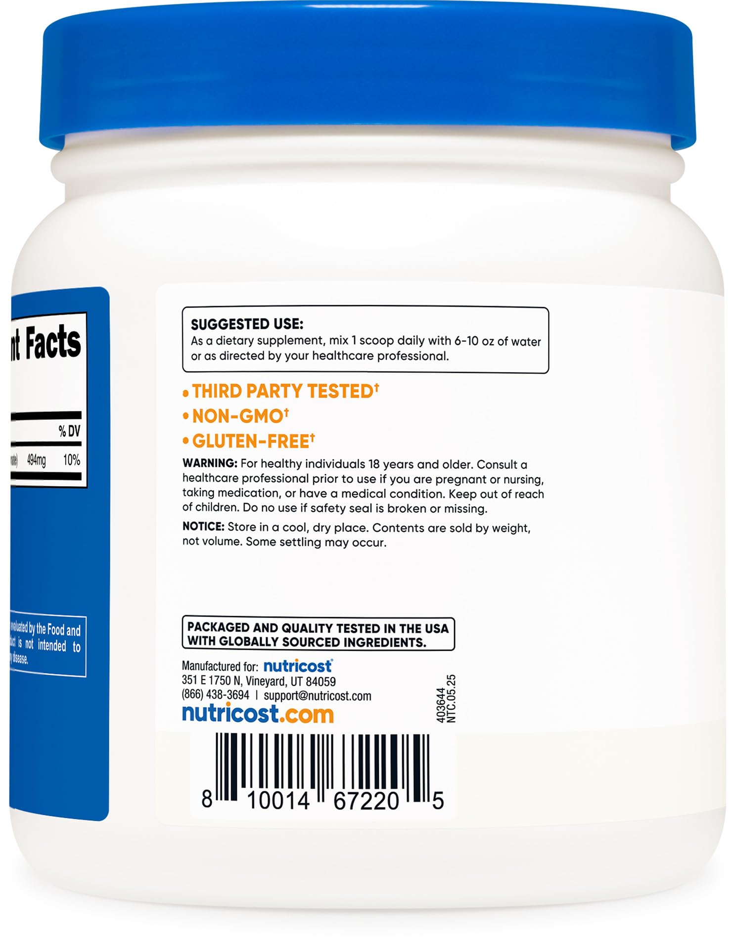 Nutricost bicarbonate de potassium, sans gluten, poudre adaptée.