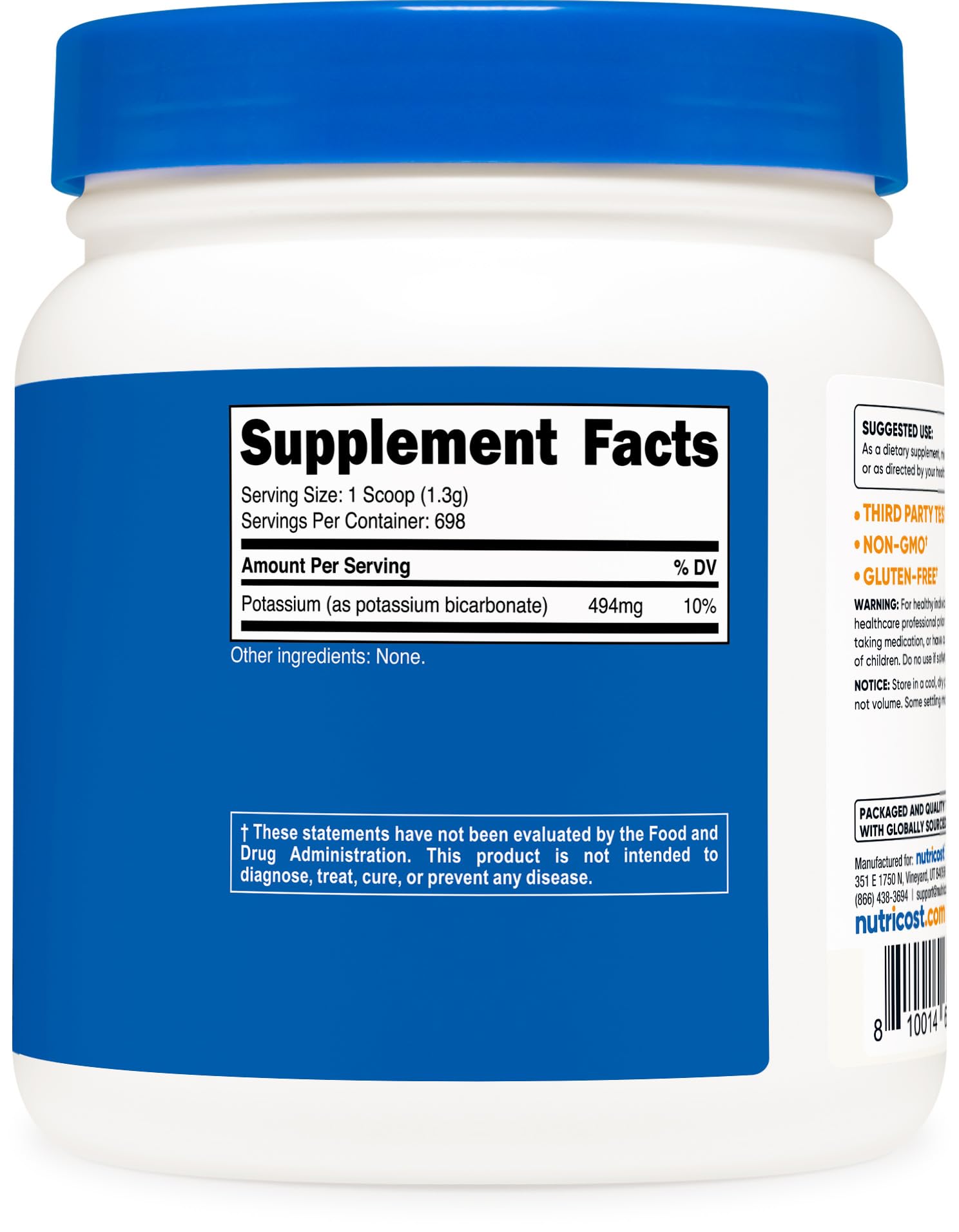 Nutricost bicarbonate de potassium fabriqué en installation conforme BPF.
