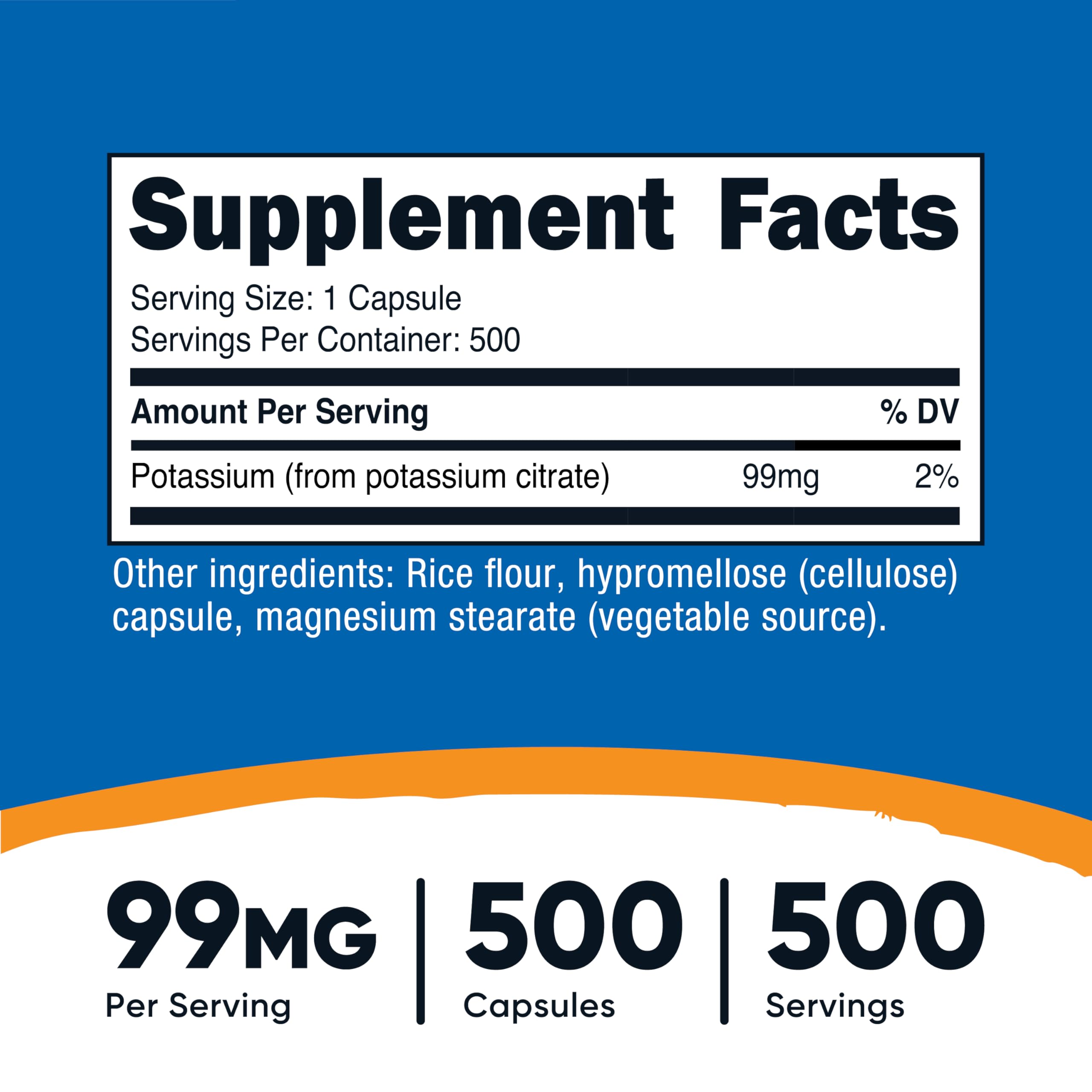 Nutricost Citrate de potassium 99 mg, couvercle bleu sur le flacon.