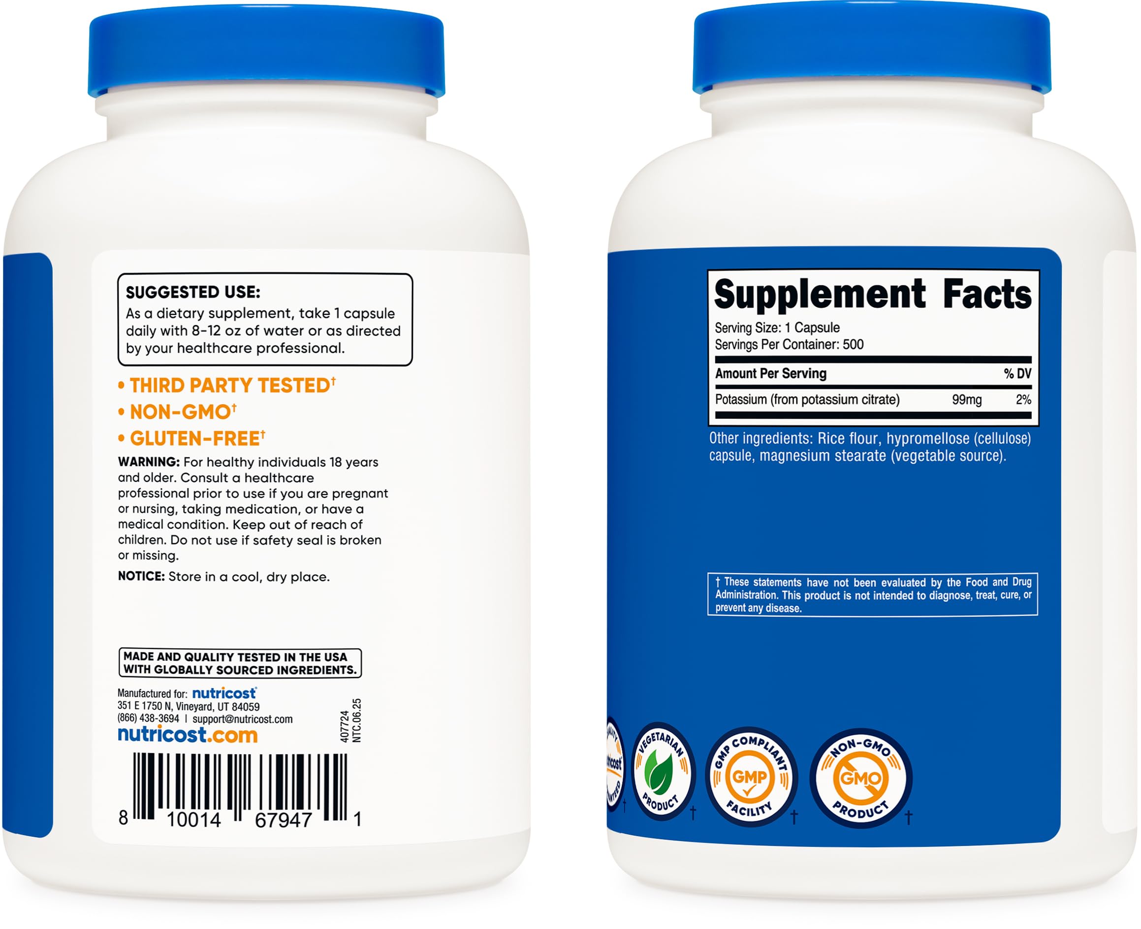 Étiquette Nutricost Citrate de potassium 99 mg avec informations essentielles.