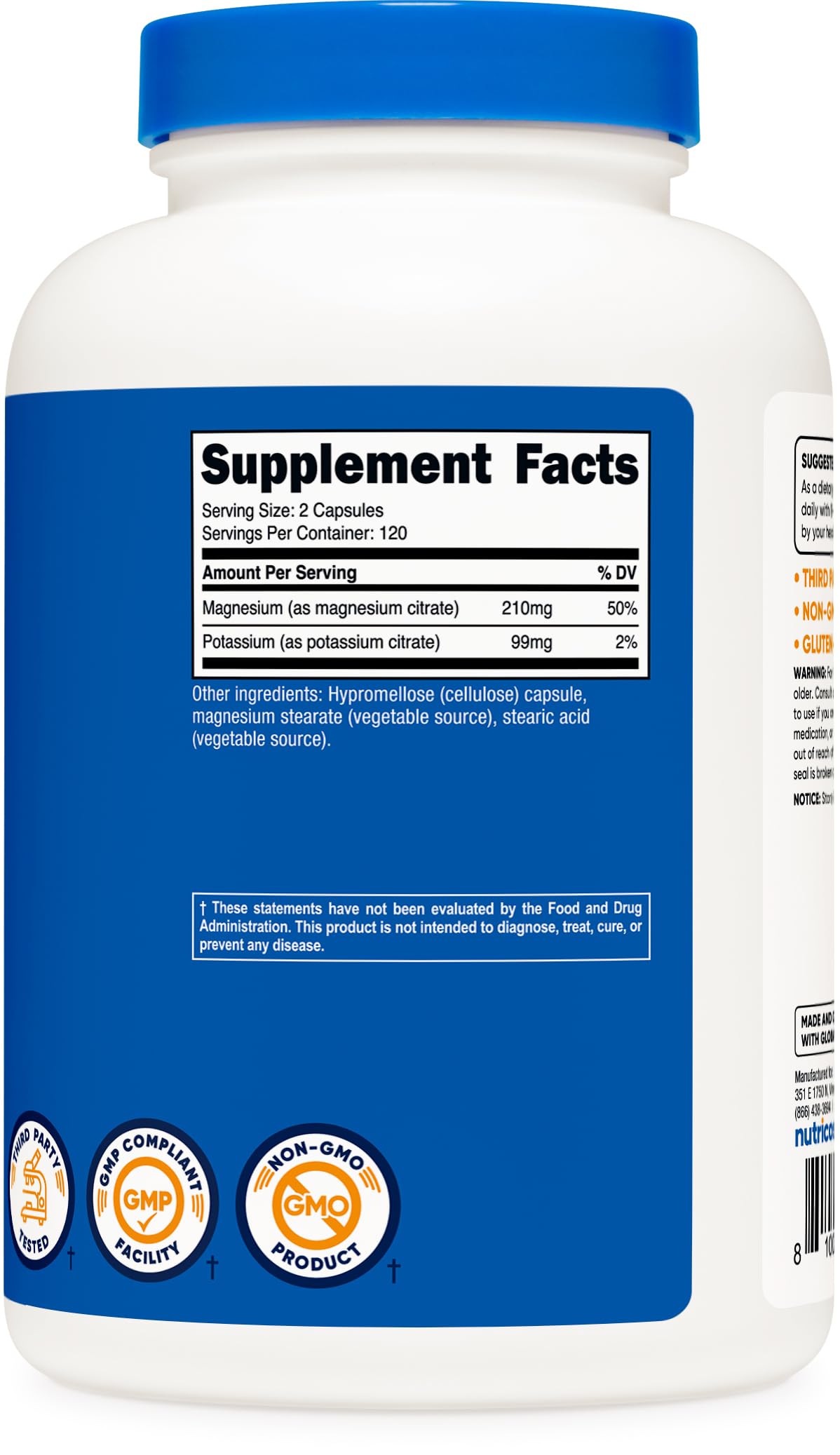 Nutricost potassium magnésium citrates – composition sans gluten et sans OGM