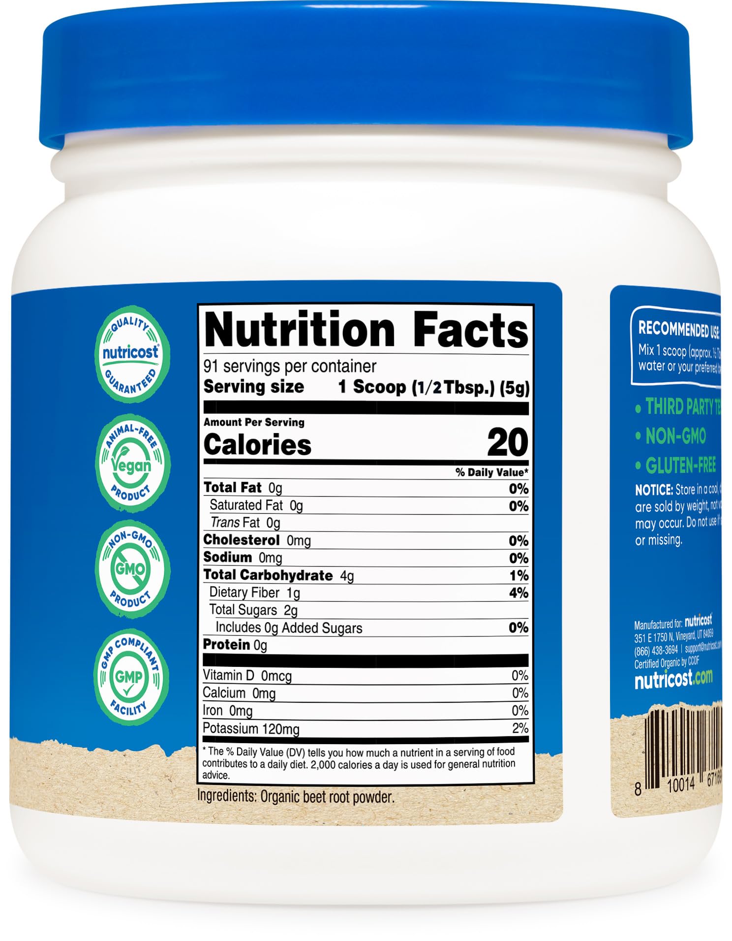 Étiquette Nutricost sur la bouteille indiquant certification biologique.