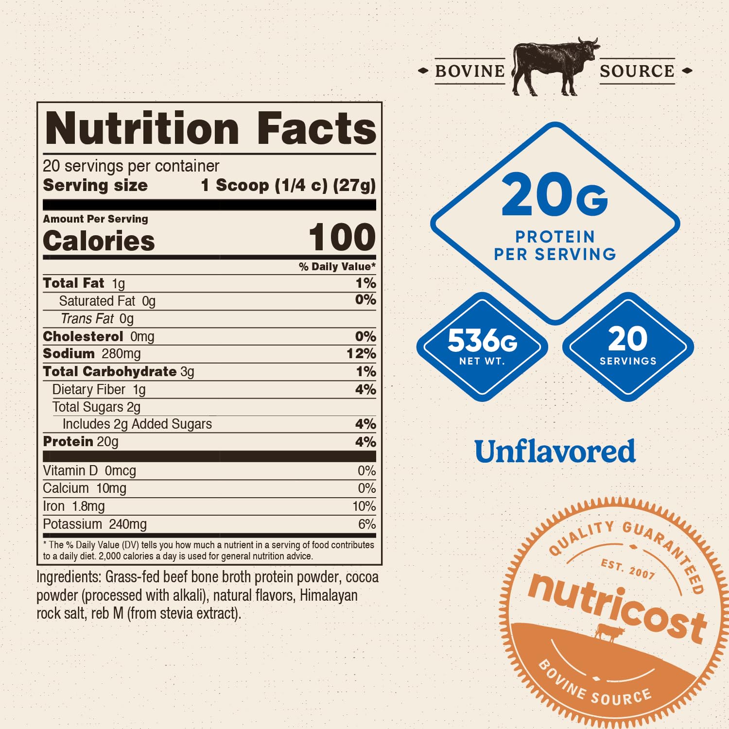Nutricost poudre bouillon d’os de bœuf chocolat avec doseur inclus pour dosage facile.