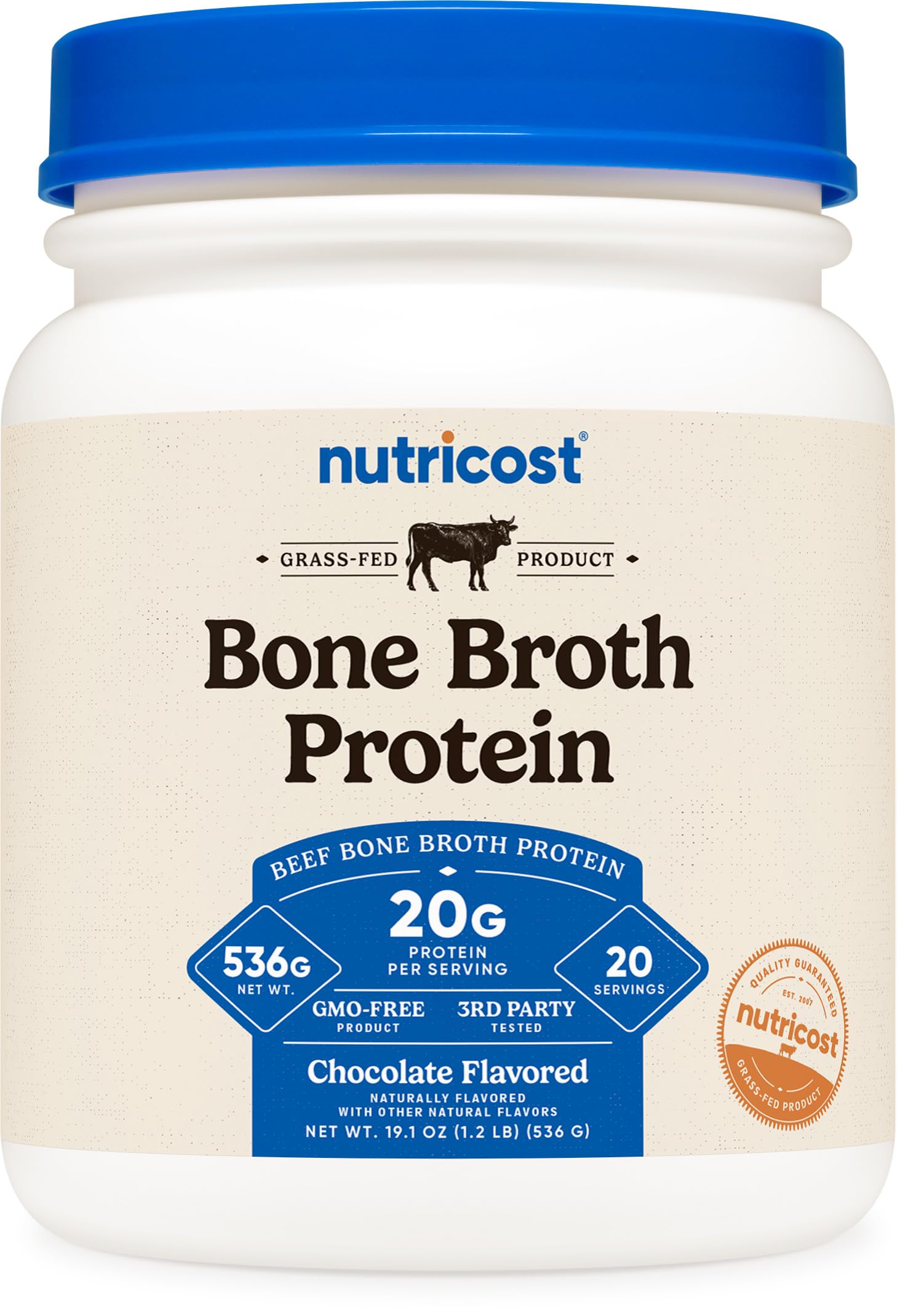 Nutricost emballage de la poudre bouillon d’os de bœuf chocolat, prêt à l’emploi.