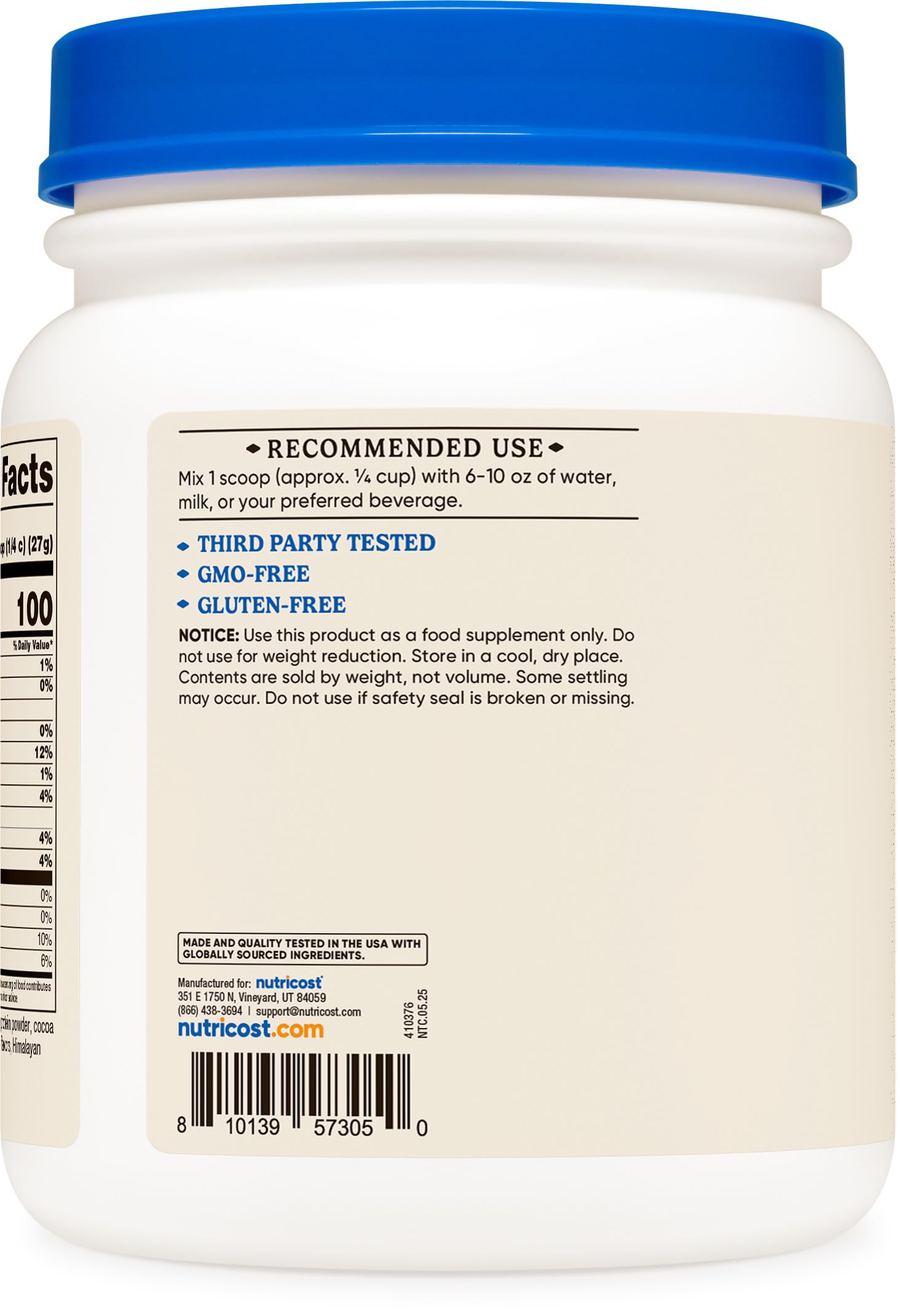 Nutricost poudre bouillon d’os de bœuf chocolat – ingrédients lisibles et transparents.