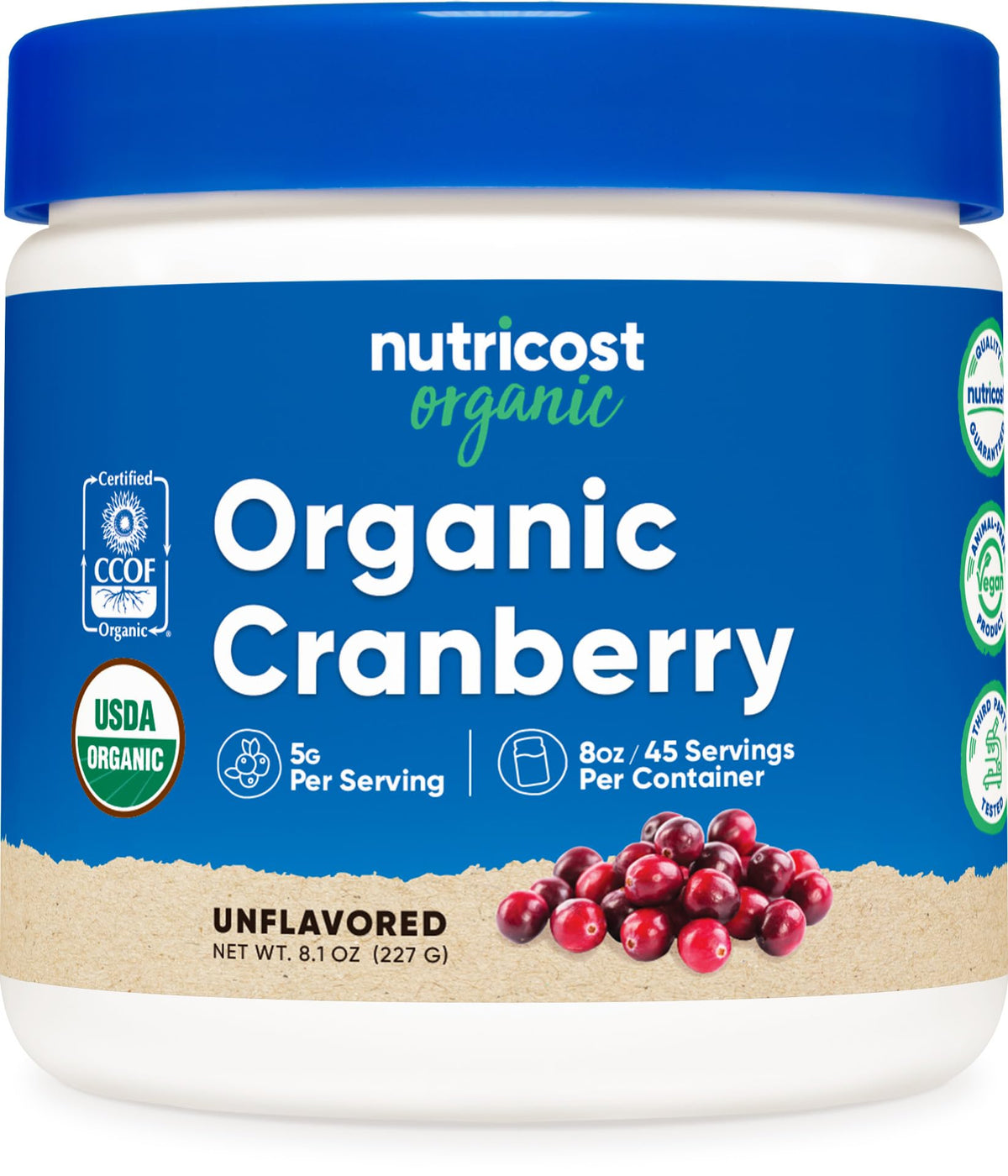 Nutricost poudre de canneberge biologique dans un bocal, prête à l'emploi et sans gluten.