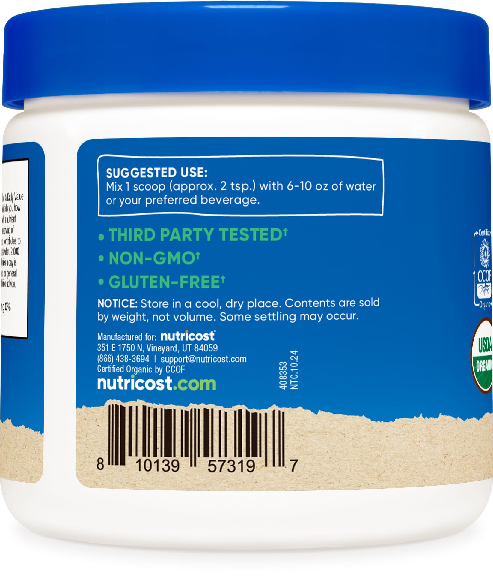 Étiquette NSF et sans gluten sur la poudre Nutricost.