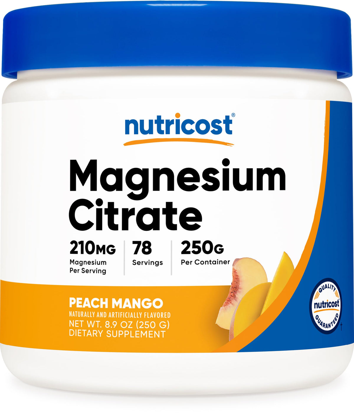 Poudre Nutricost citrate de magnésium pêche mangue dans une bouteille pratique