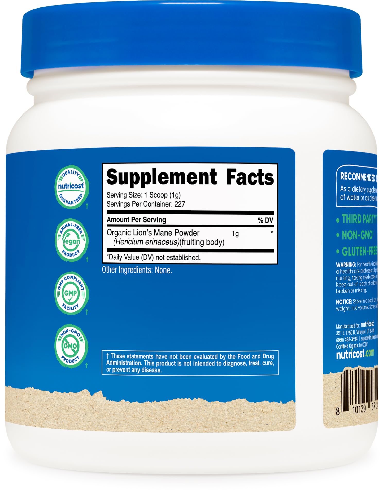 Nutricost poudre criniere de lion certifiee-usda, garantie de pureté et securite.